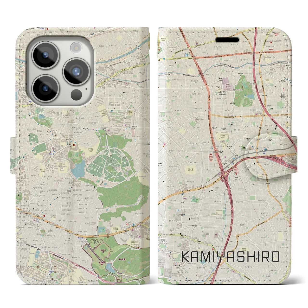 【上社(愛知県)】地図柄iPhoneケース(手帳タイプ)ナチュラル・iPhone 15 Pro 用