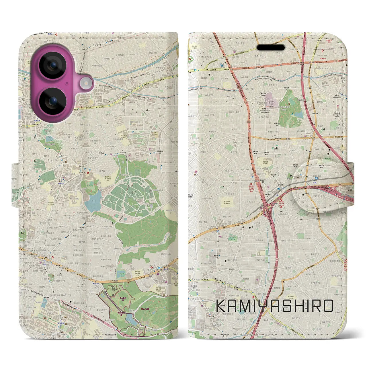 【上社(愛知県)】地図柄iPhoneケース(手帳タイプ)ナチュラル・iPhone 16 Pro 用