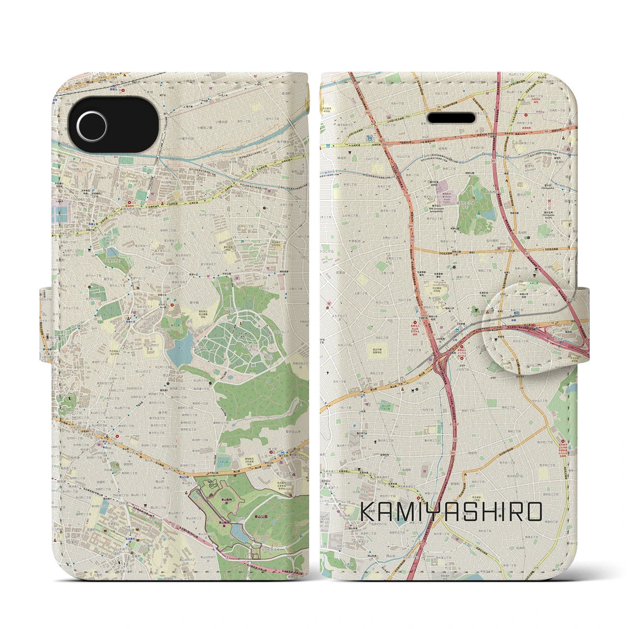【上社(愛知県)】地図柄iPhoneケース(手帳タイプ)ナチュラル・iPhone SE(第3 / 第2世代) / 8 / 7 / 6s / 6 用
