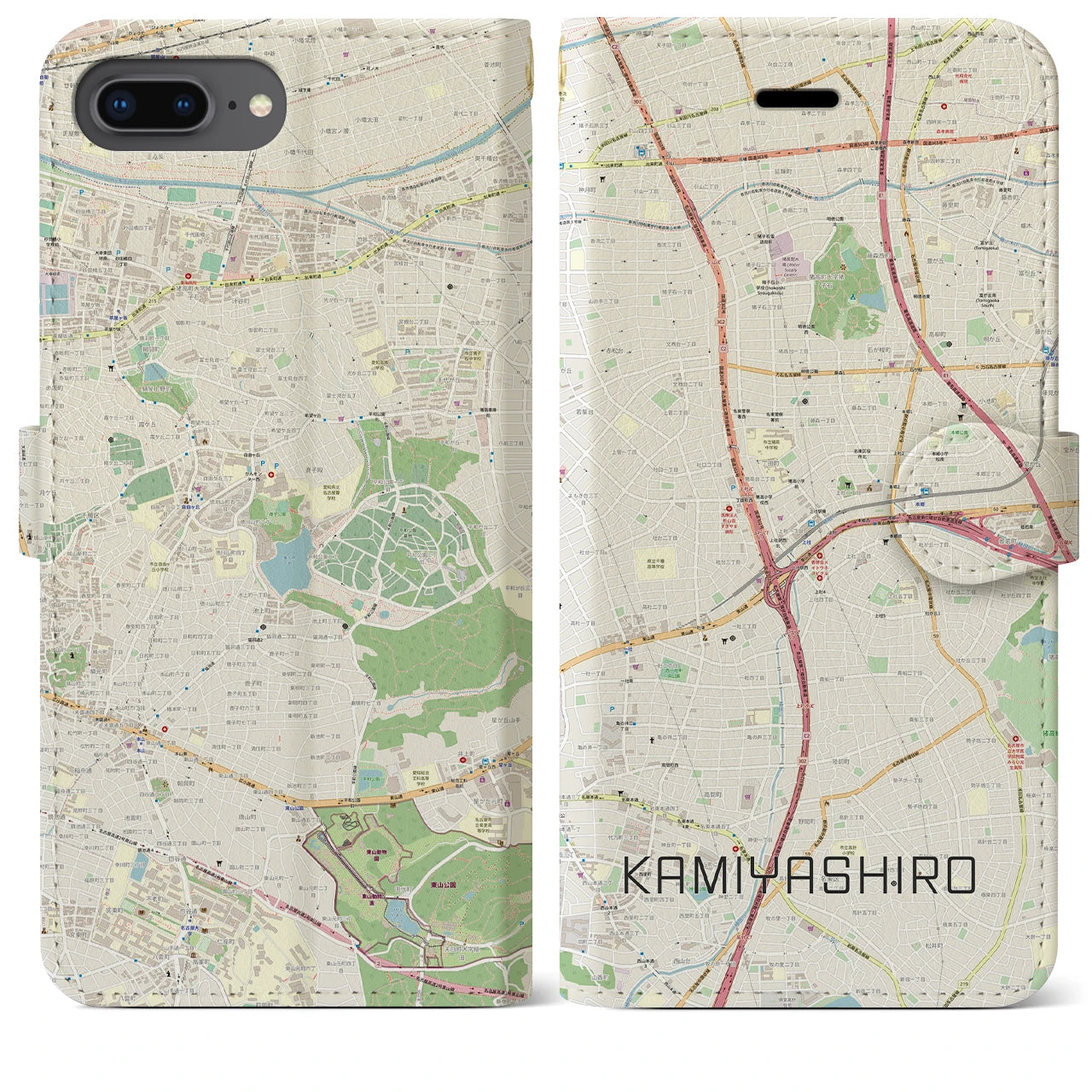 【上社(愛知県)】地図柄iPhoneケース(手帳タイプ)ナチュラル・iPhone 8Plus /7Plus / 6sPlus / 6Plus 用