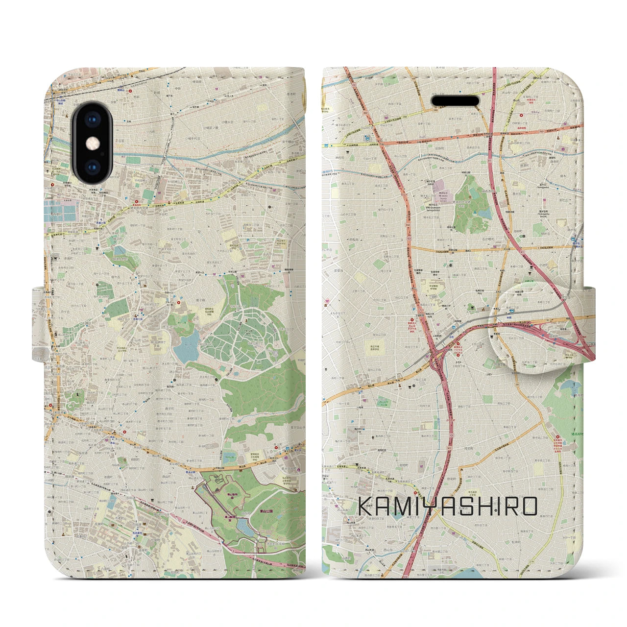 【上社(愛知県)】地図柄iPhoneケース(手帳タイプ)ナチュラル・iPhone XS / X 用