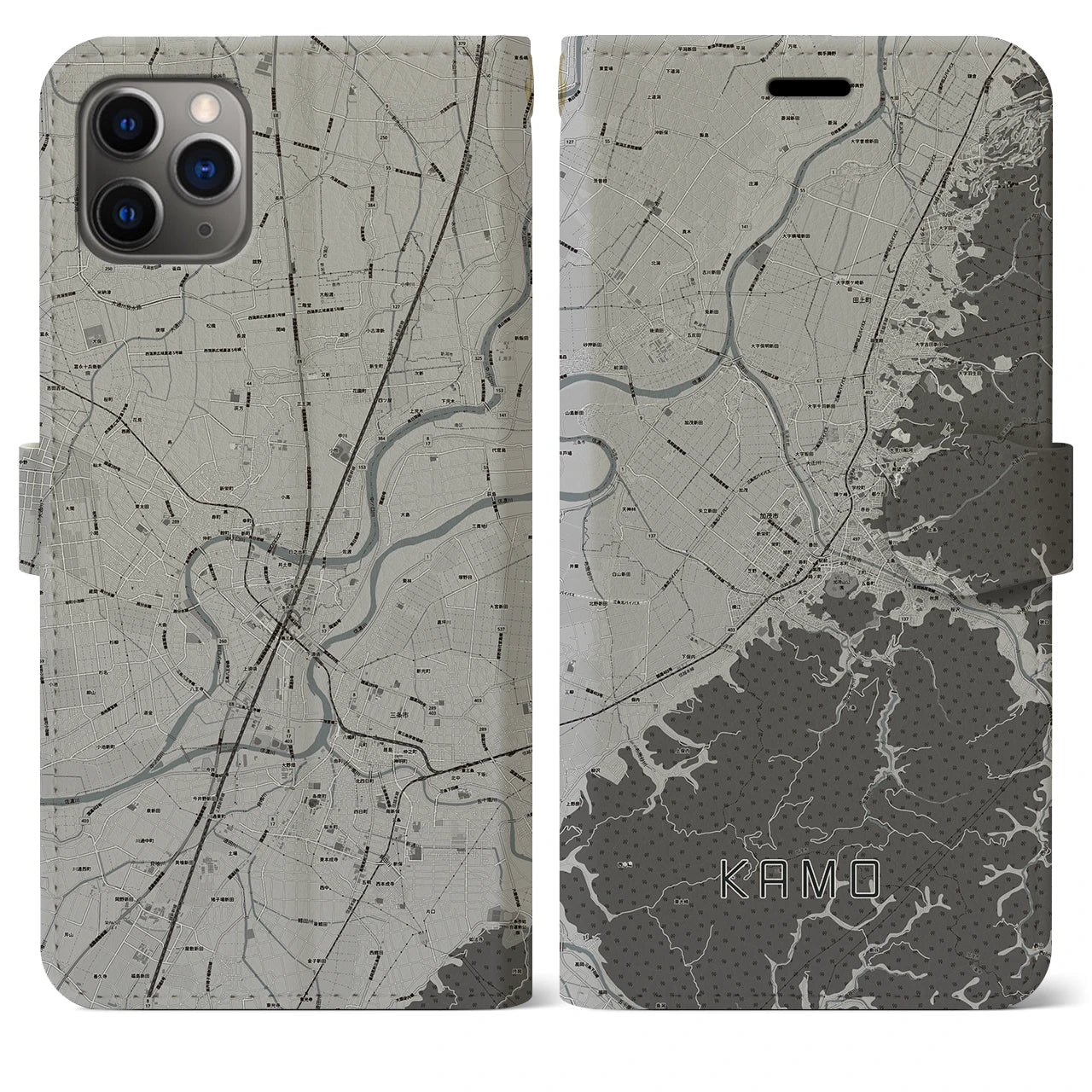 【加茂(新潟県)】地図柄iPhoneケース(手帳タイプ)モノトーン・iPhone 11 Pro Max 用