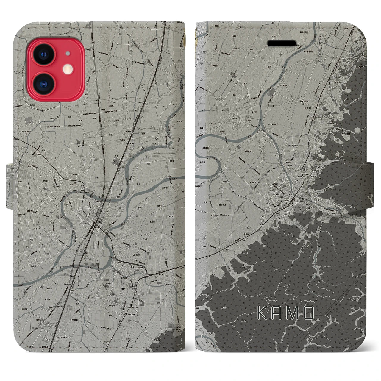 【加茂(新潟県)】地図柄iPhoneケース(手帳タイプ)モノトーン・iPhone 11 用