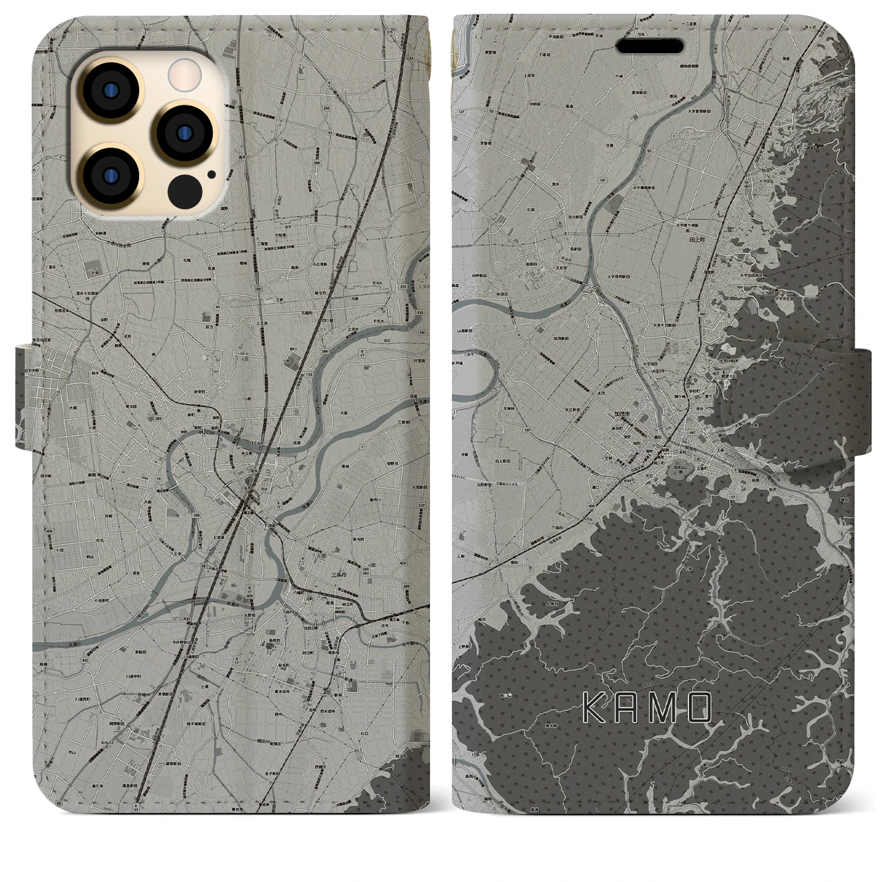 【加茂(新潟県)】地図柄iPhoneケース(手帳タイプ)モノトーン・iPhone 12 Pro Max 用