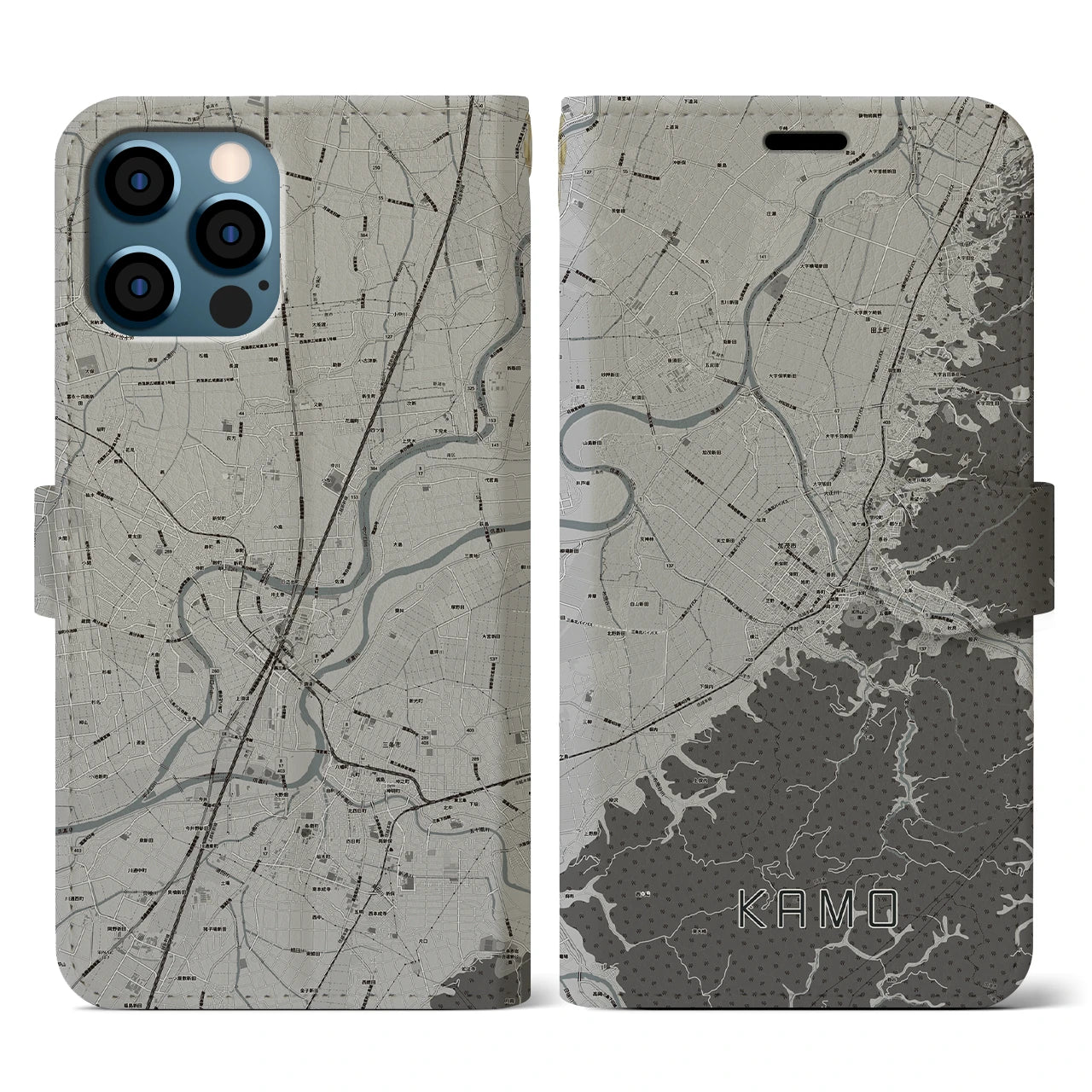 【加茂(新潟県)】地図柄iPhoneケース(手帳タイプ)モノトーン・iPhone 12 / 12 Pro 用
