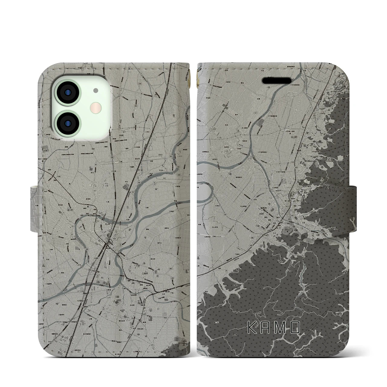 【加茂(新潟県)】地図柄iPhoneケース(手帳タイプ)モノトーン・iPhone 12 mini 用