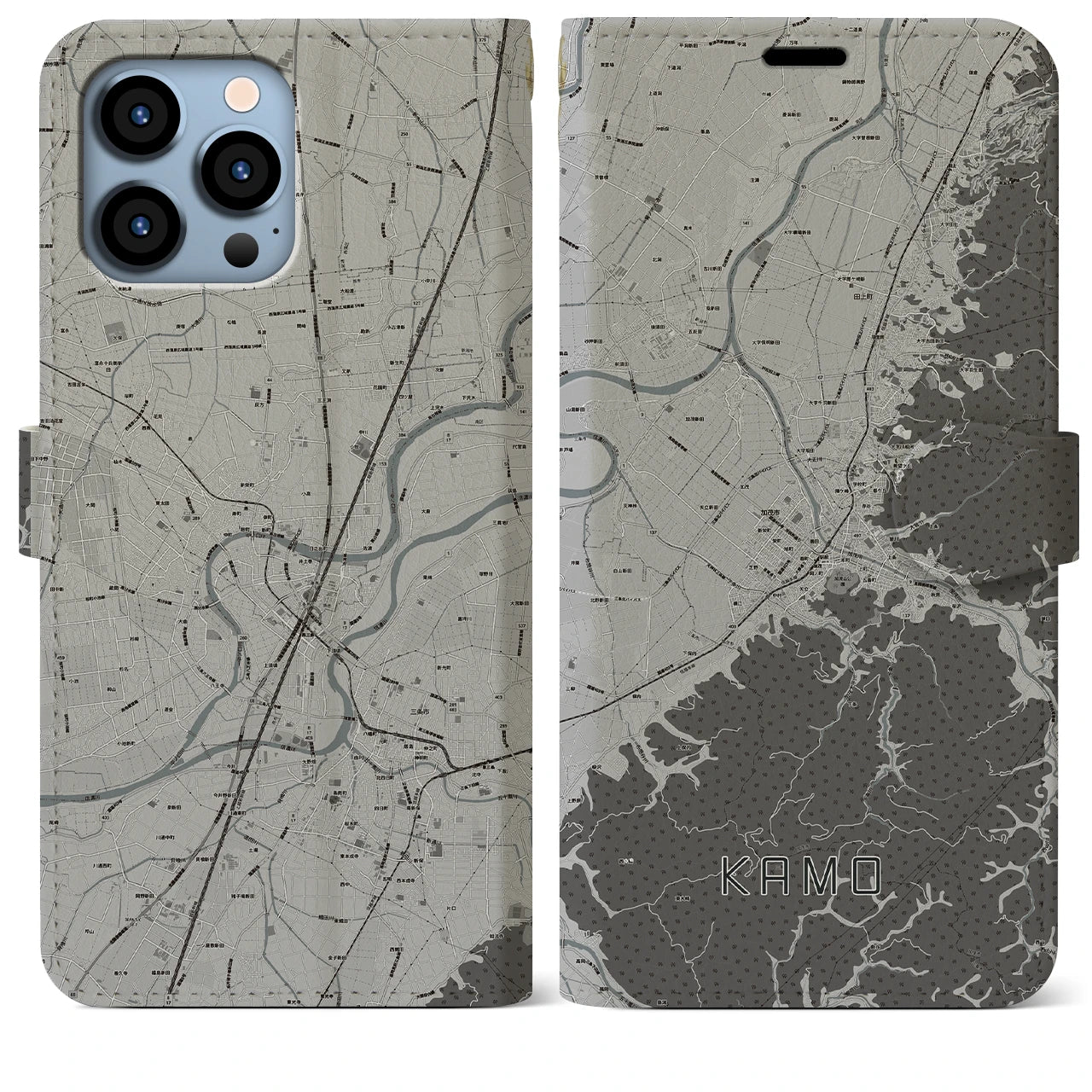 【加茂(新潟県)】地図柄iPhoneケース(手帳タイプ)モノトーン・iPhone 13 Pro Max 用