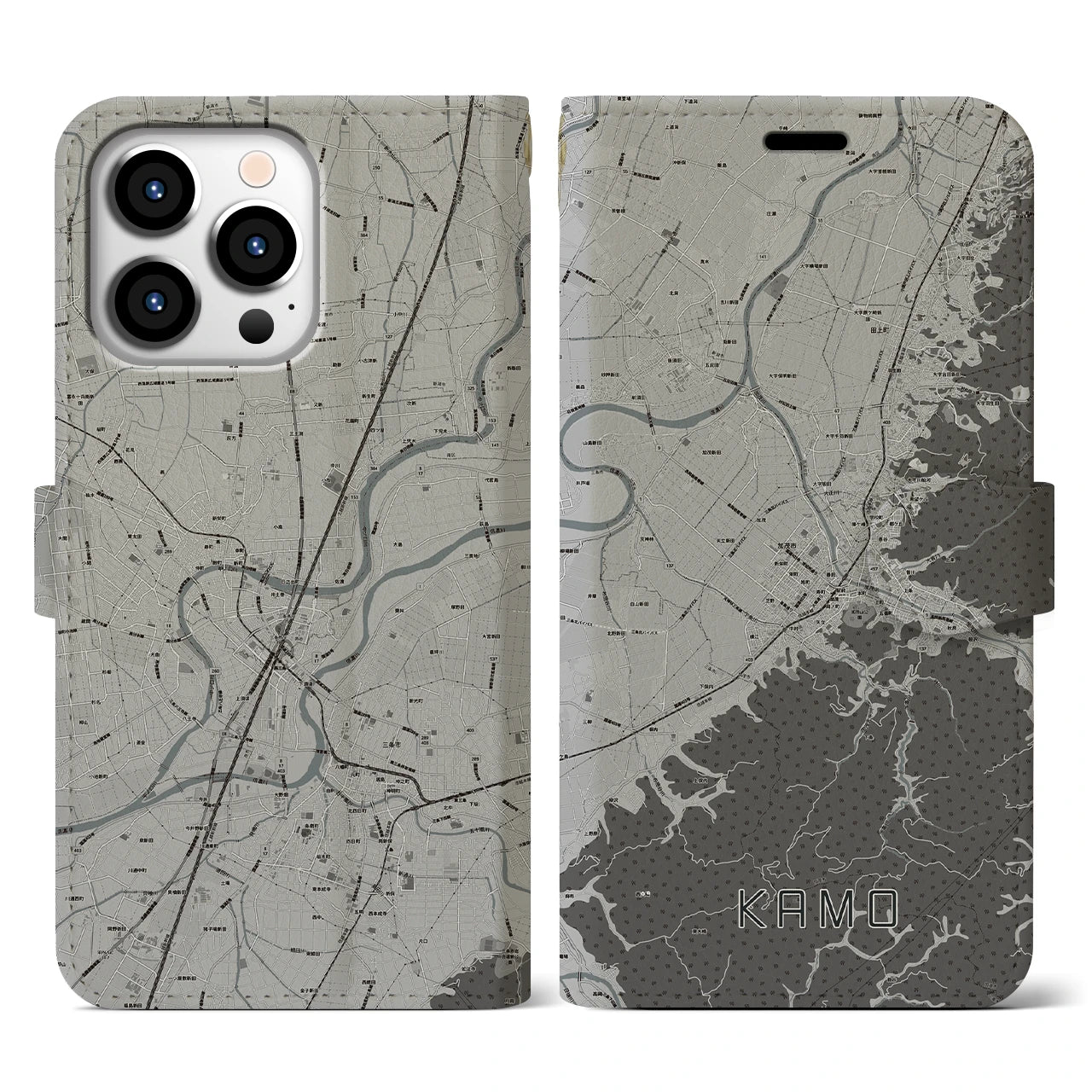 【加茂(新潟県)】地図柄iPhoneケース(手帳タイプ)モノトーン・iPhone 13 Pro 用