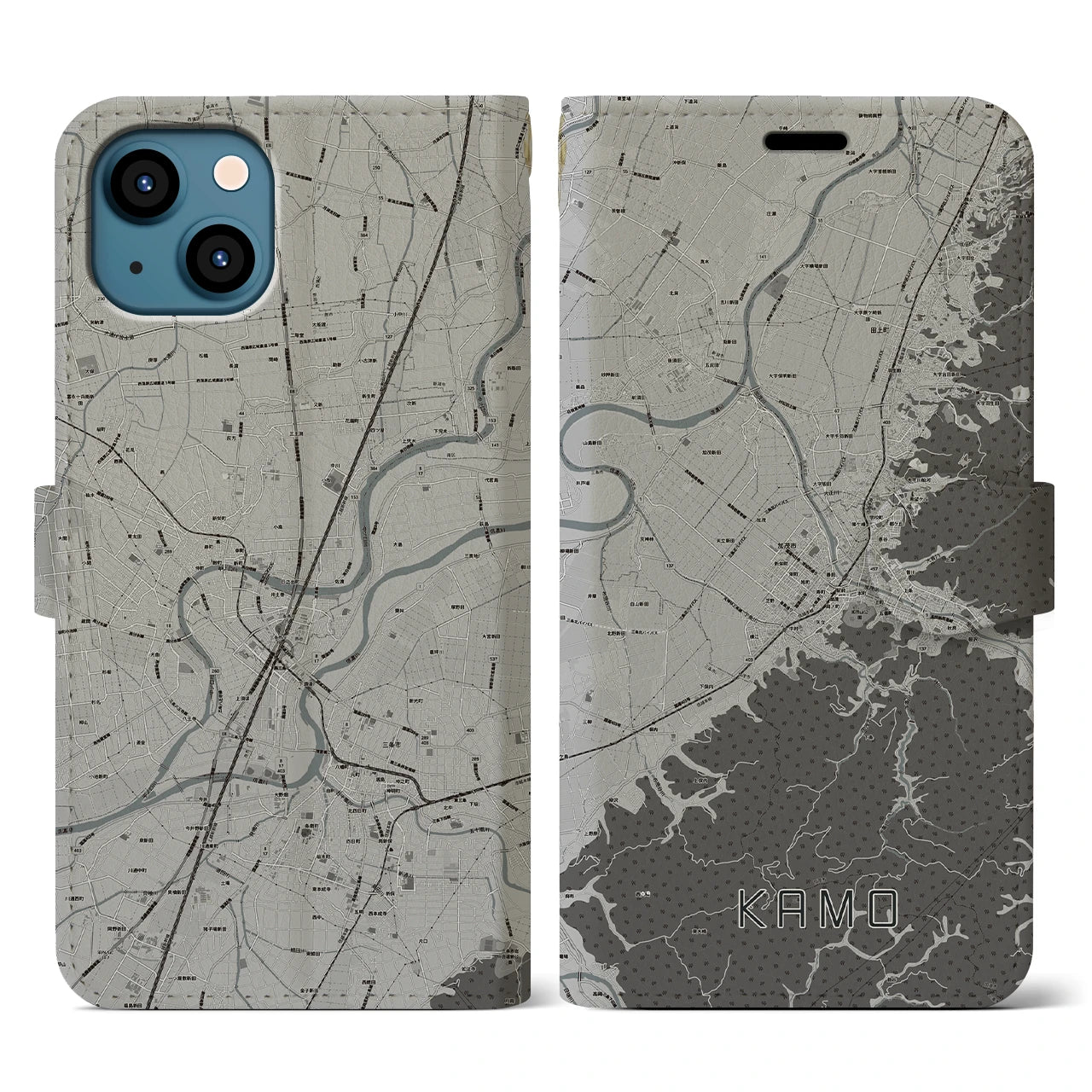 【加茂(新潟県)】地図柄iPhoneケース(手帳タイプ)モノトーン・iPhone 13 用