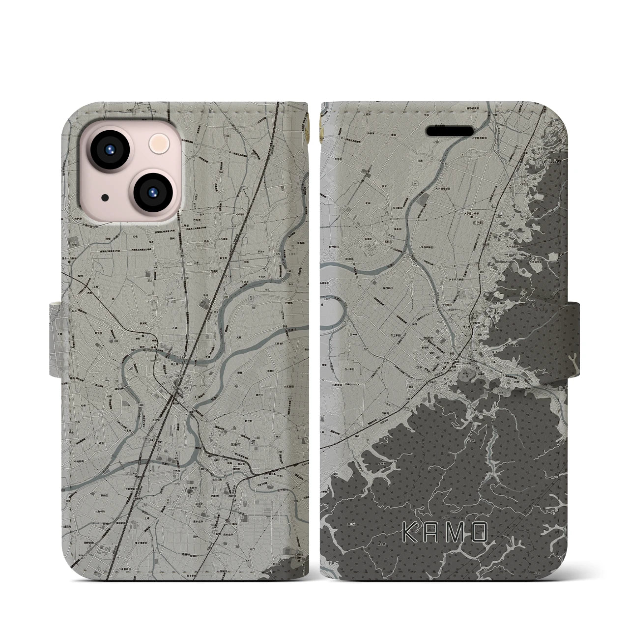 【加茂(新潟県)】地図柄iPhoneケース(手帳タイプ)モノトーン・iPhone 13 mini 用