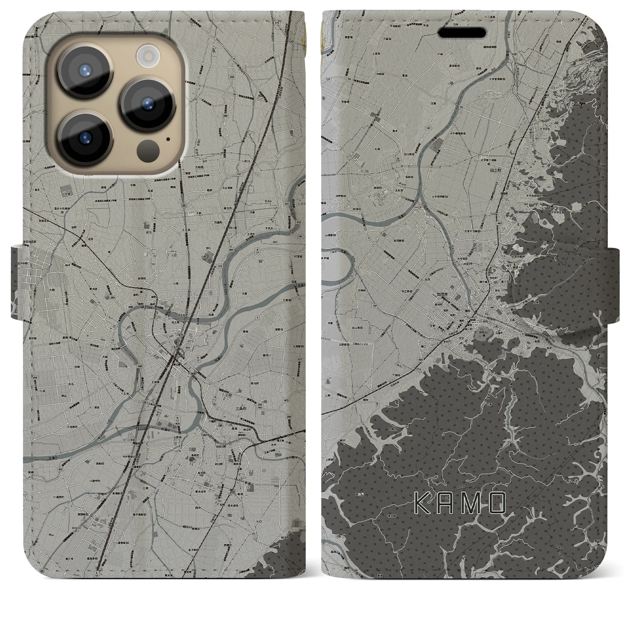 【加茂(新潟県)】地図柄iPhoneケース(手帳タイプ)モノトーン・iPhone 14 Pro Max 用