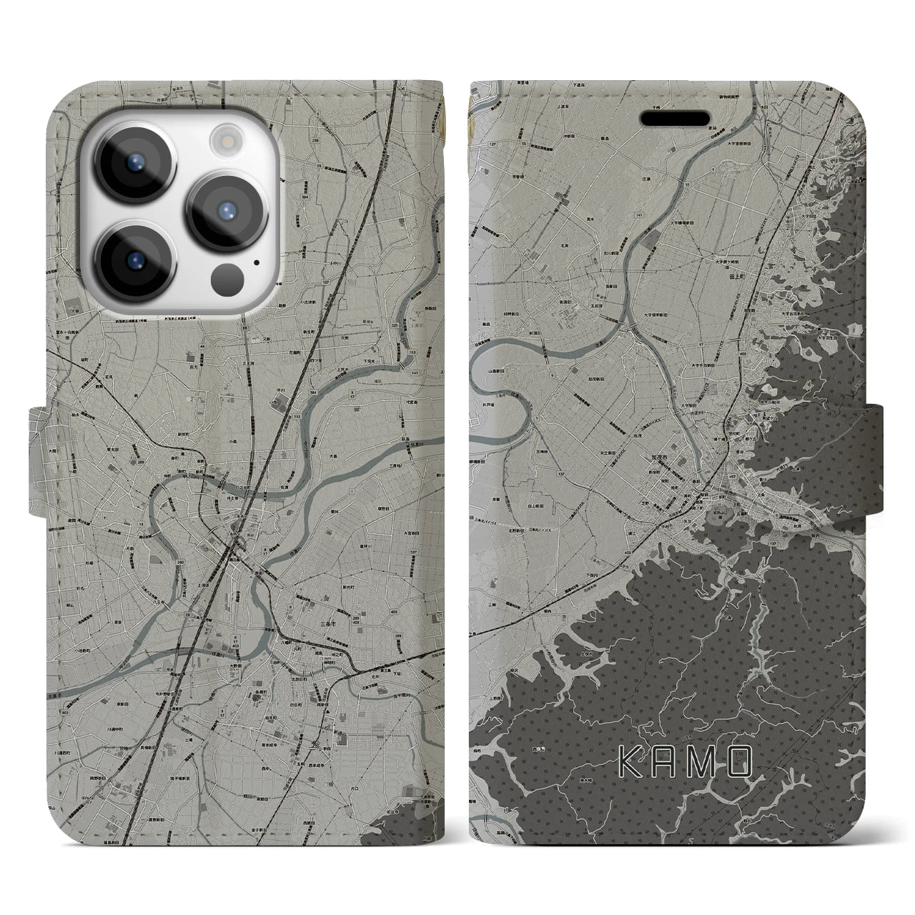 【加茂(新潟県)】地図柄iPhoneケース(手帳タイプ)モノトーン・iPhone 14 Pro 用