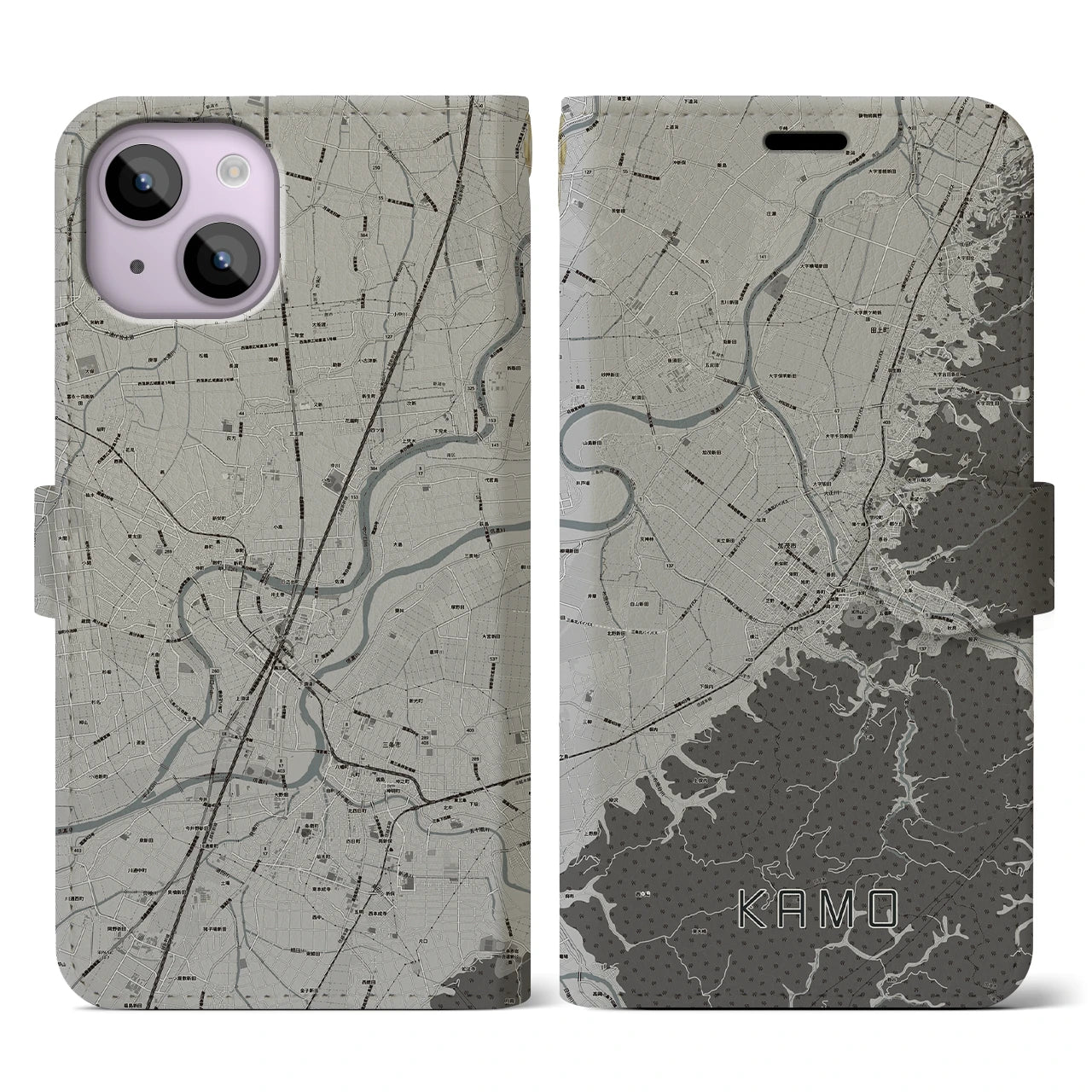 【加茂(新潟県)】地図柄iPhoneケース(手帳タイプ)モノトーン・iPhone 14 用