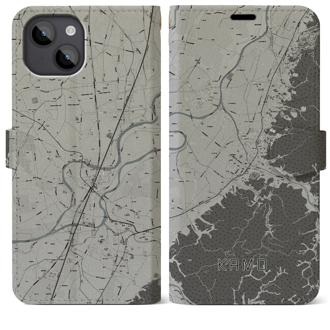 【加茂(新潟県)】地図柄iPhoneケース(手帳タイプ)モノトーン・iPhone 14 Plus 用