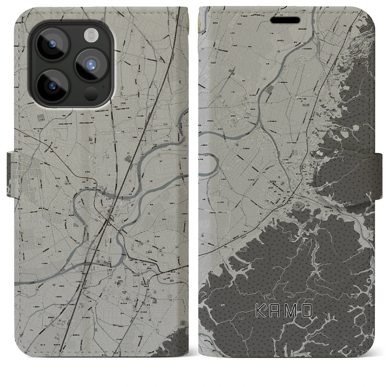 【加茂(新潟県)】地図柄iPhoneケース(手帳タイプ)モノトーン・iPhone 15 Pro Max 用