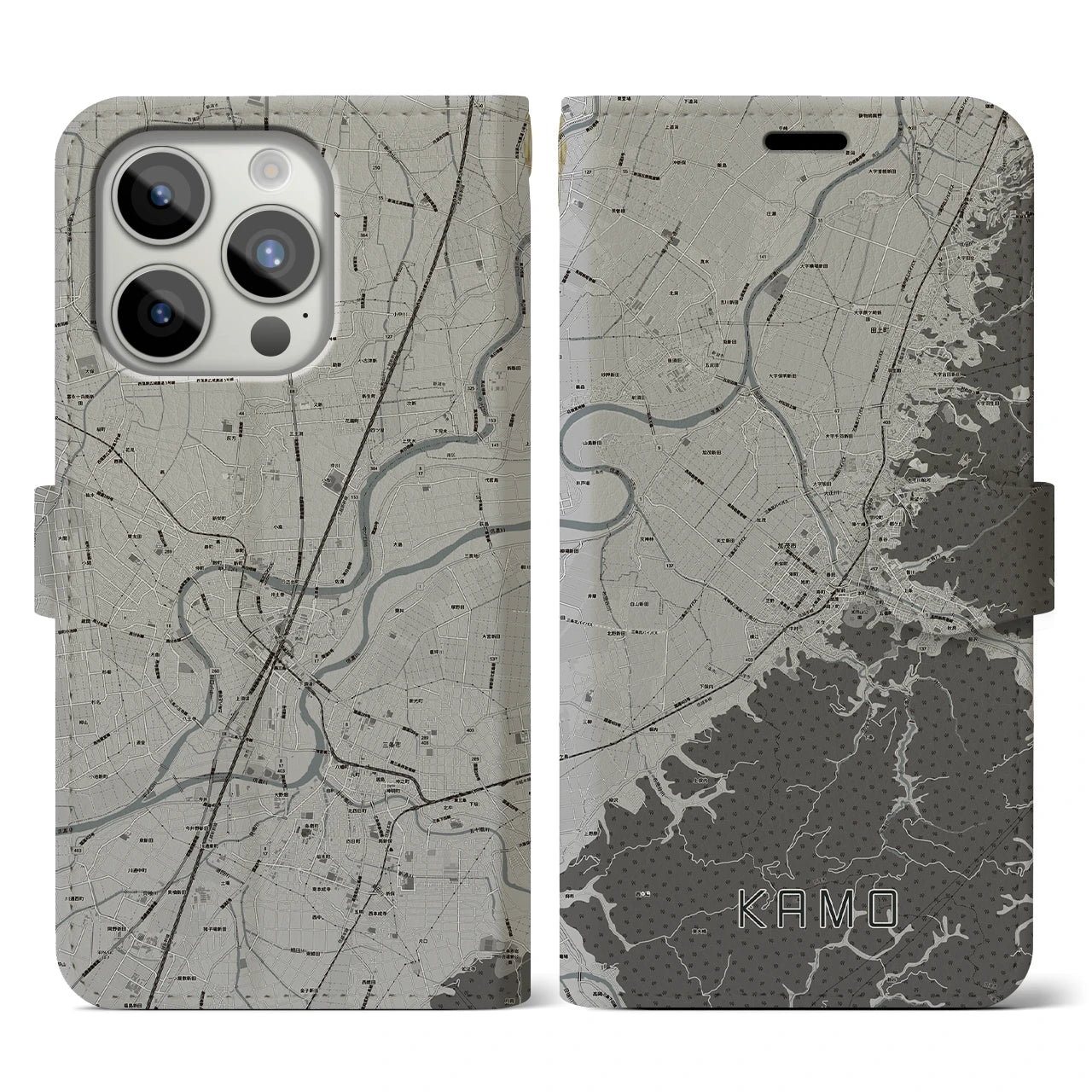 【加茂(新潟県)】地図柄iPhoneケース(手帳タイプ)モノトーン・iPhone 15 Pro 用