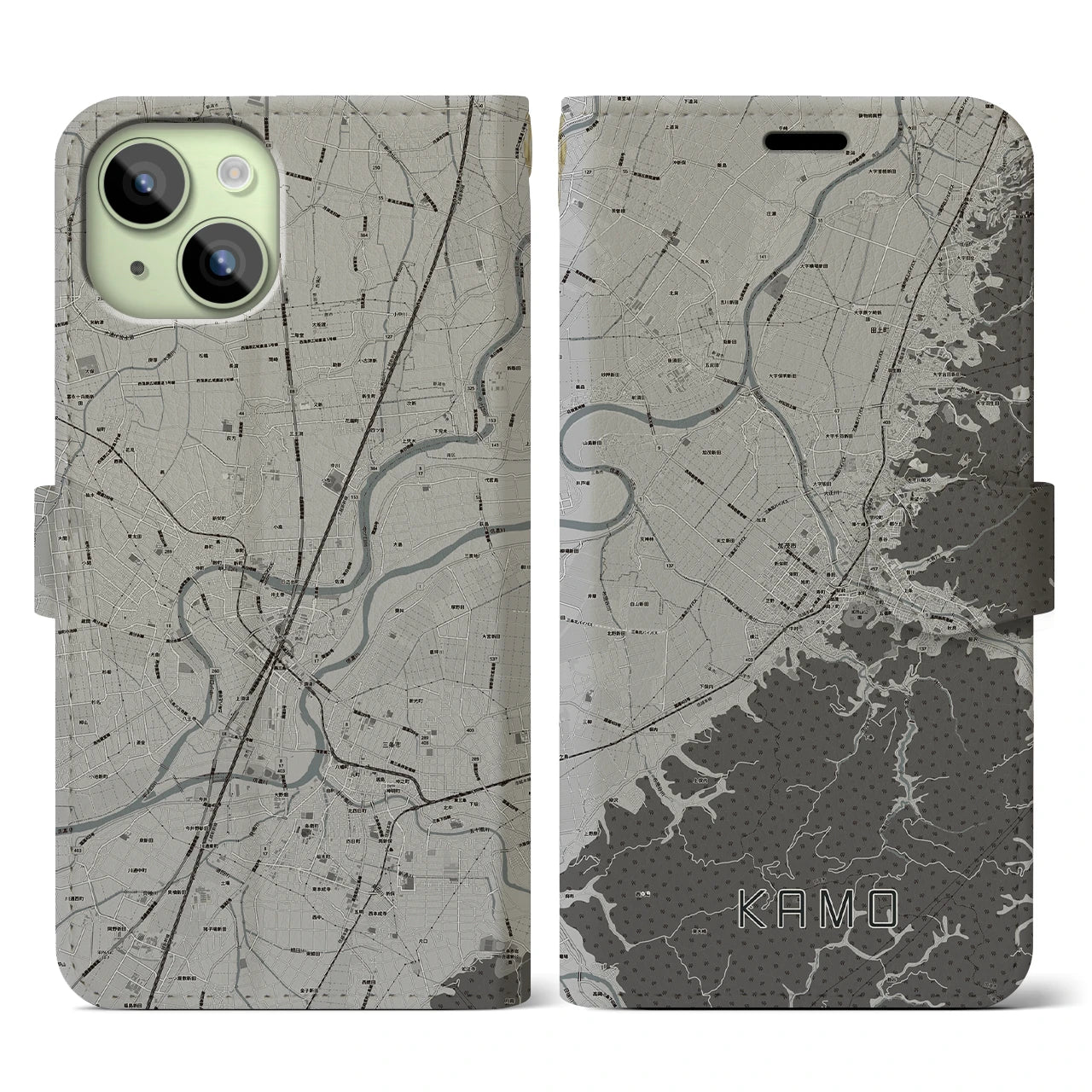 【加茂(新潟県)】地図柄iPhoneケース(手帳タイプ)モノトーン・iPhone 15 用