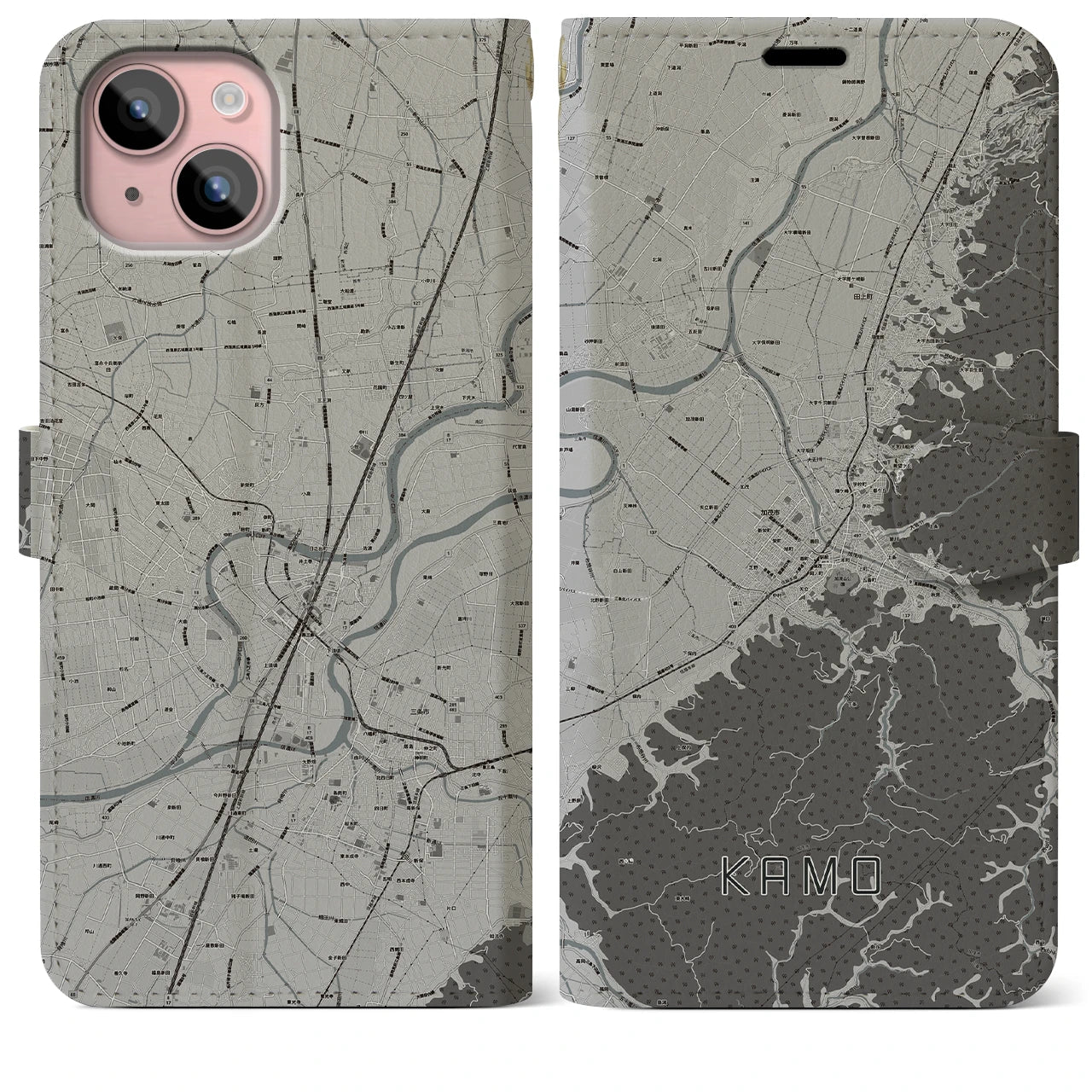【加茂(新潟県)】地図柄iPhoneケース(手帳タイプ)モノトーン・iPhone 15 Plus 用