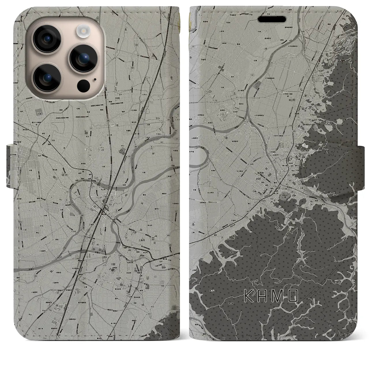 【加茂(新潟県)】地図柄iPhoneケース(手帳タイプ)モノトーン・iPhone 16 Plus 用