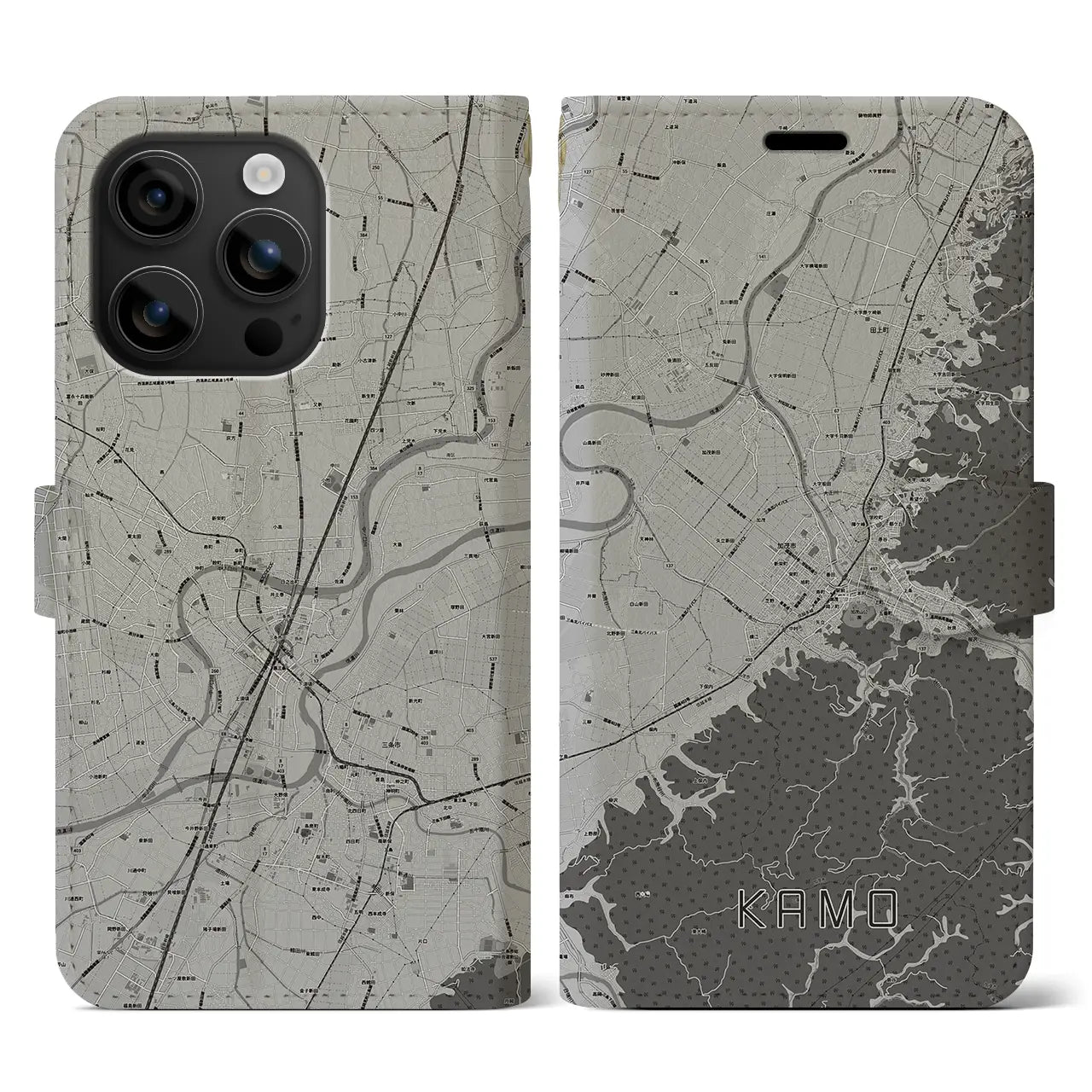 【加茂(新潟県)】地図柄iPhoneケース(手帳タイプ)モノトーン・iPhone 16 用
