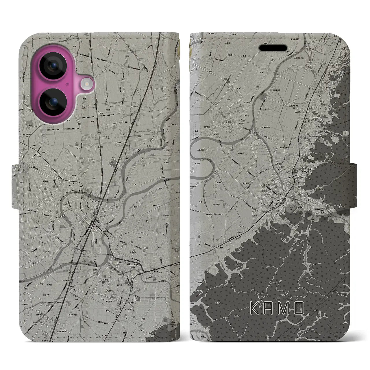 【加茂(新潟県)】地図柄iPhoneケース(手帳タイプ)モノトーン・iPhone 16 Pro 用