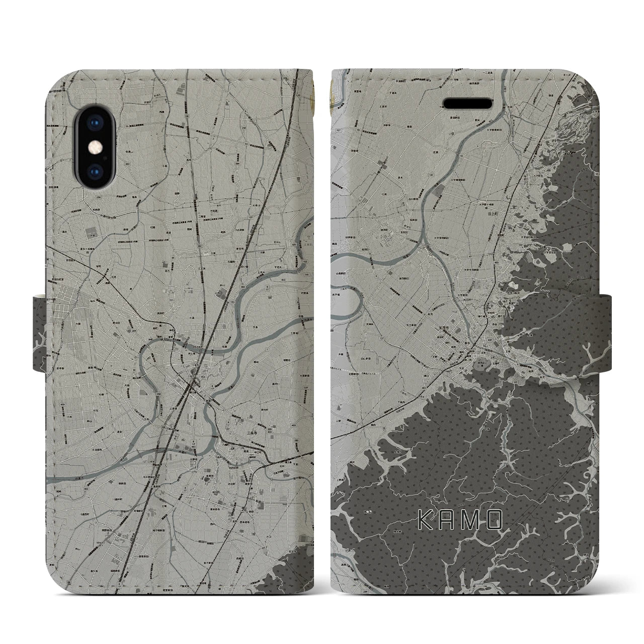 【加茂(新潟県)】地図柄iPhoneケース(手帳タイプ)モノトーン・iPhone XS / X 用
