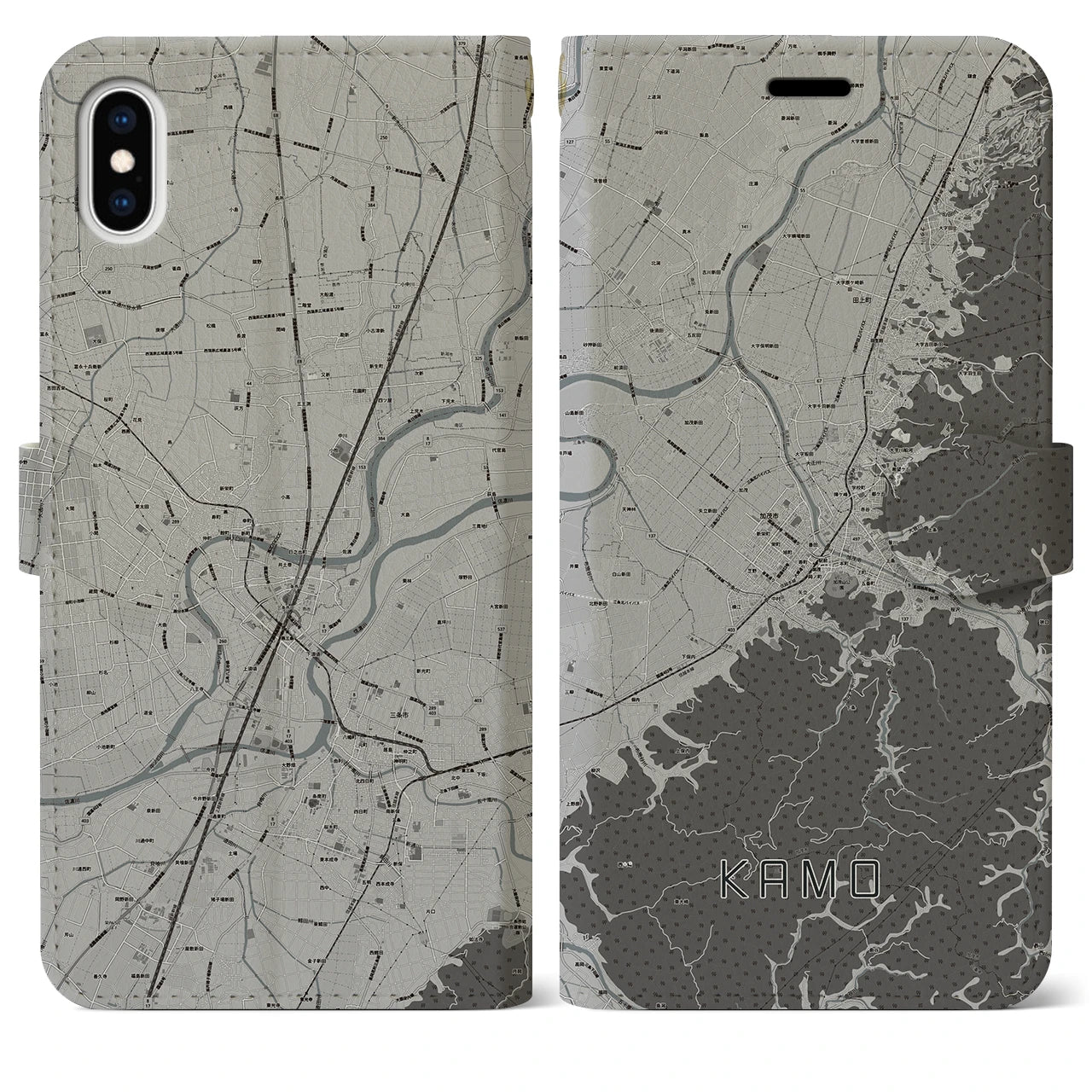 【加茂(新潟県)】地図柄iPhoneケース(手帳タイプ)モノトーン・iPhone XS Max 用