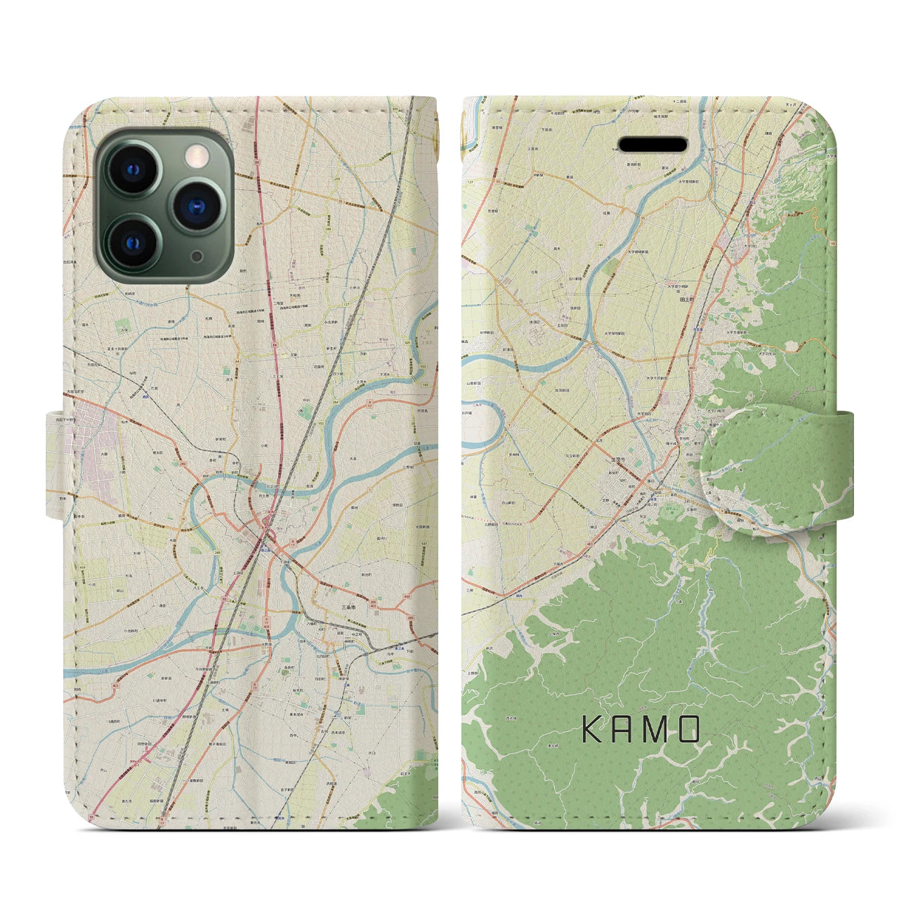 【加茂(新潟県)】地図柄iPhoneケース(手帳タイプ)ナチュラル・iPhone 11 Pro 用