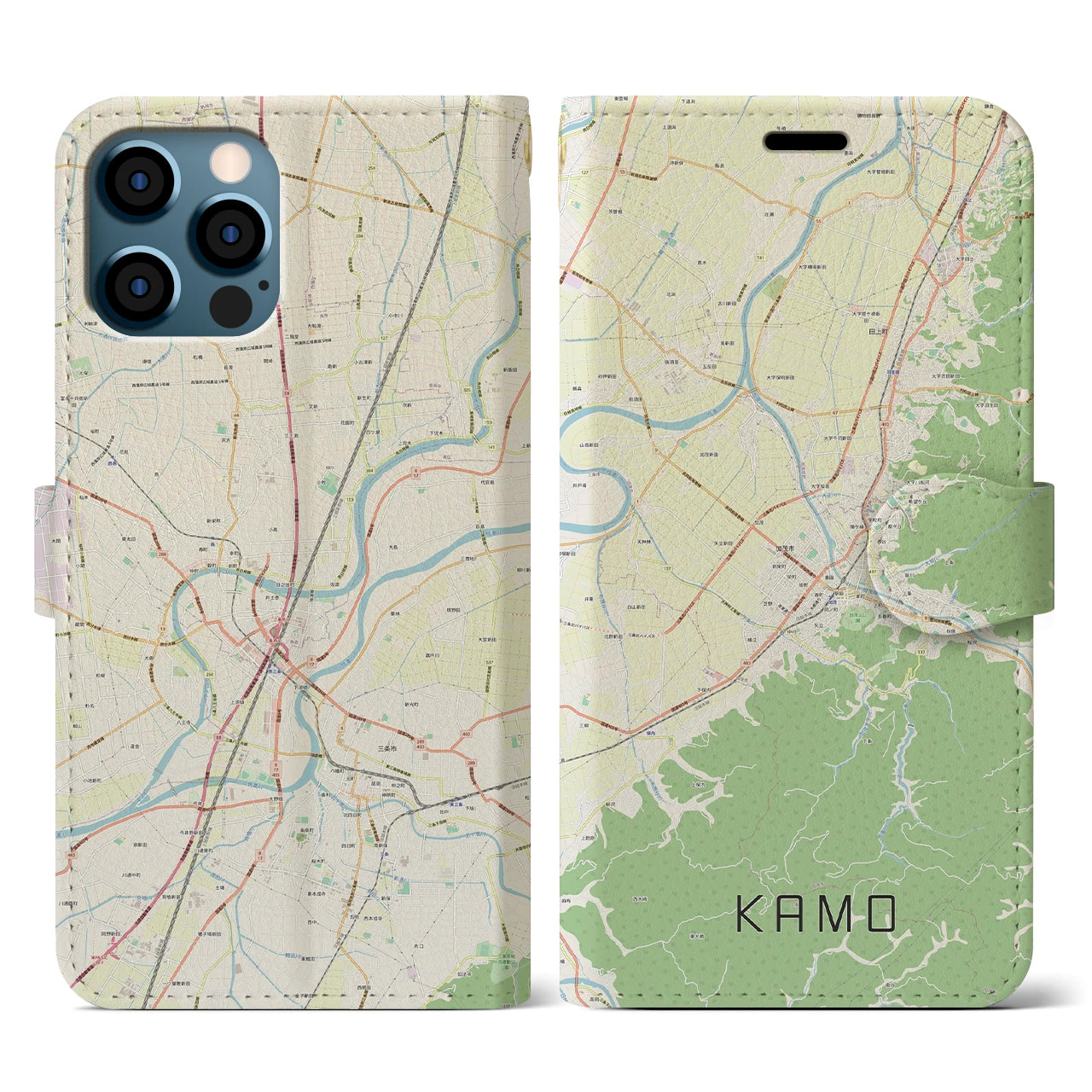 【加茂(新潟県)】地図柄iPhoneケース(手帳タイプ)ナチュラル・iPhone 12 / 12 Pro 用