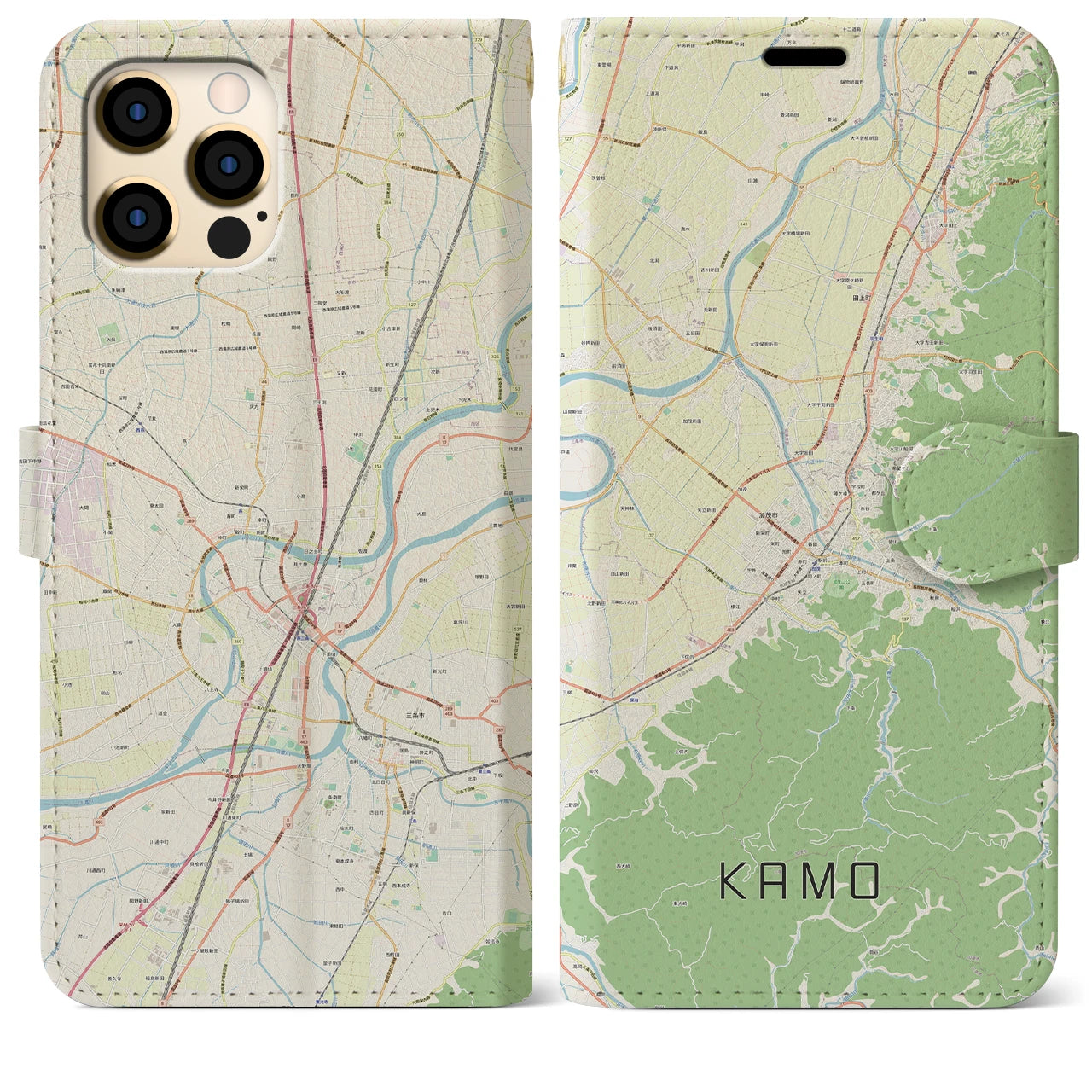 【加茂(新潟県)】地図柄iPhoneケース(手帳タイプ)ナチュラル・iPhone 12 Pro Max 用