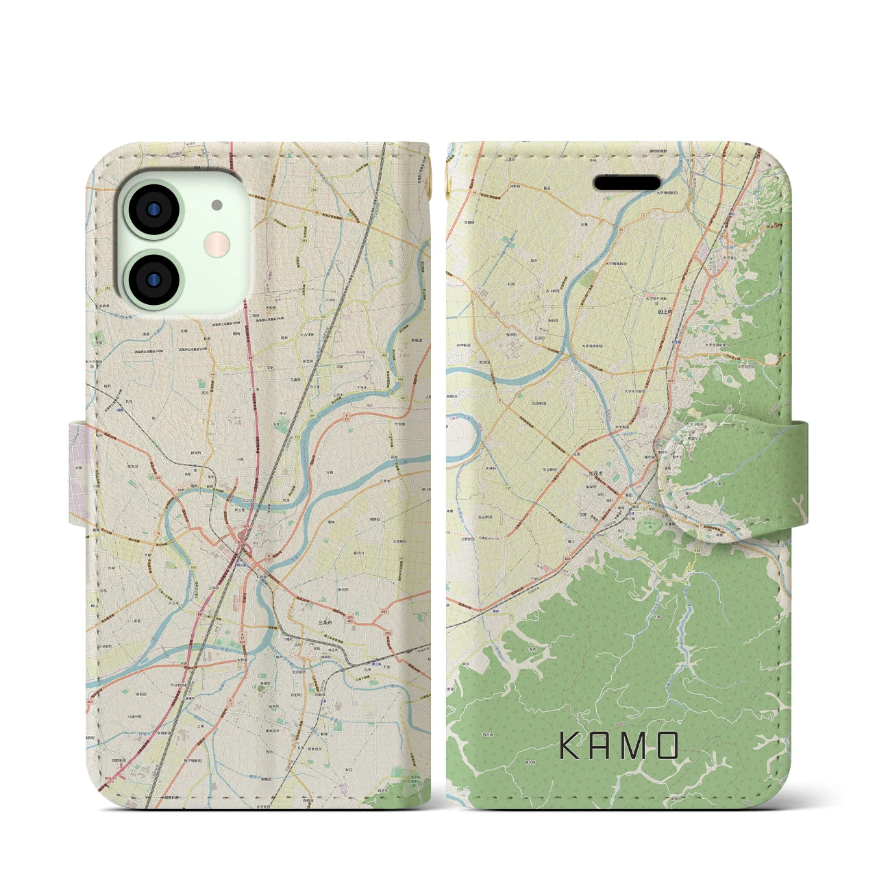 【加茂(新潟県)】地図柄iPhoneケース(手帳タイプ)ナチュラル・iPhone 12 mini 用