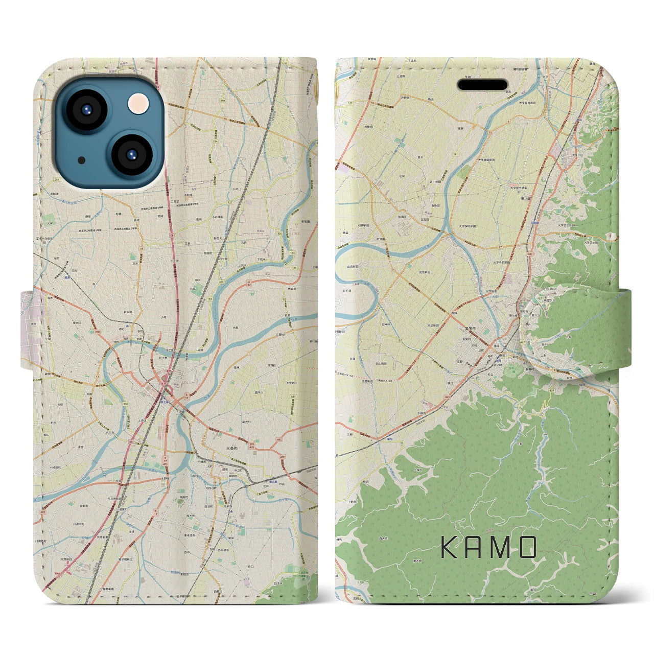 【加茂(新潟県)】地図柄iPhoneケース(手帳タイプ)ナチュラル・iPhone 13 用