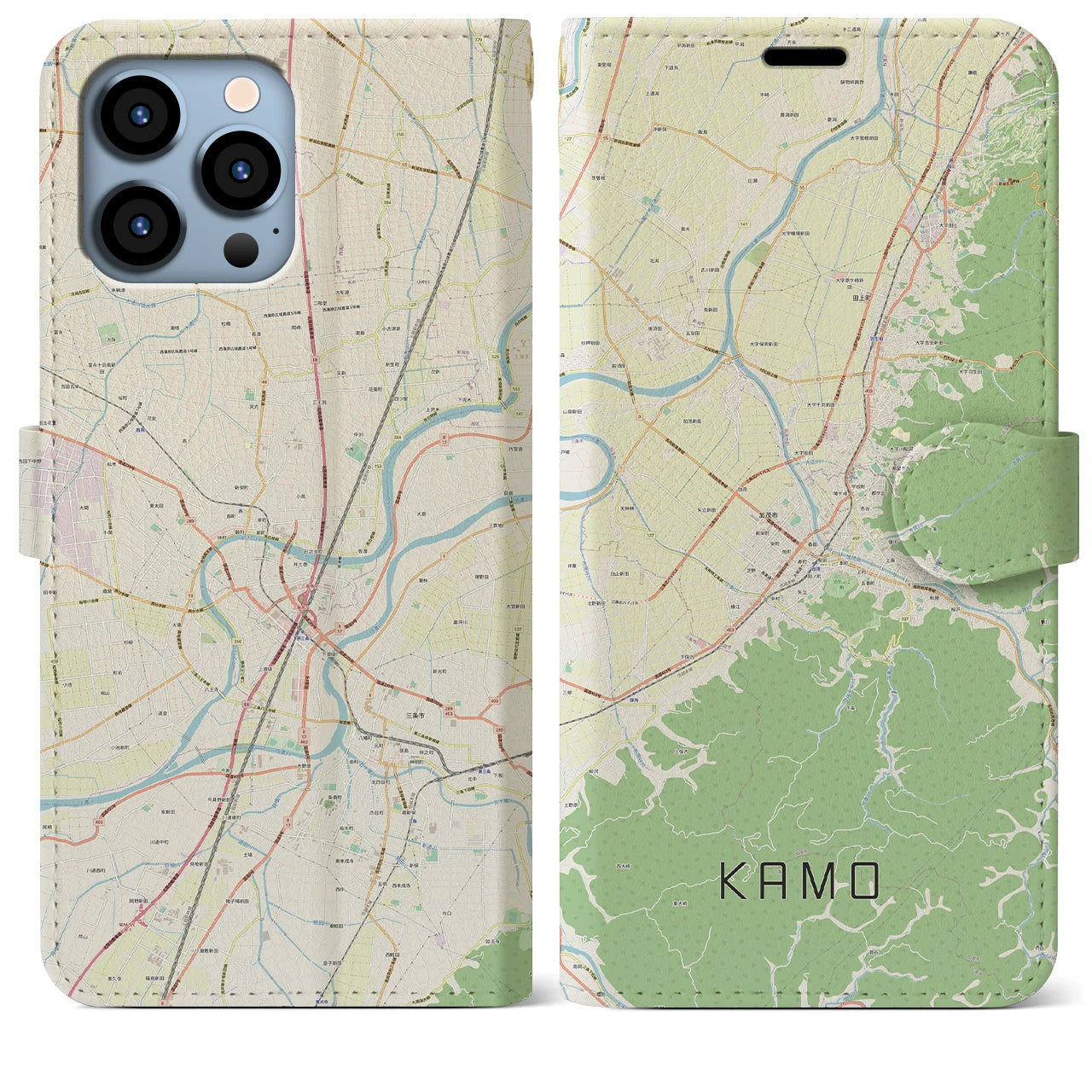 【加茂(新潟県)】地図柄iPhoneケース(手帳タイプ)ナチュラル・iPhone 13 Pro Max 用
