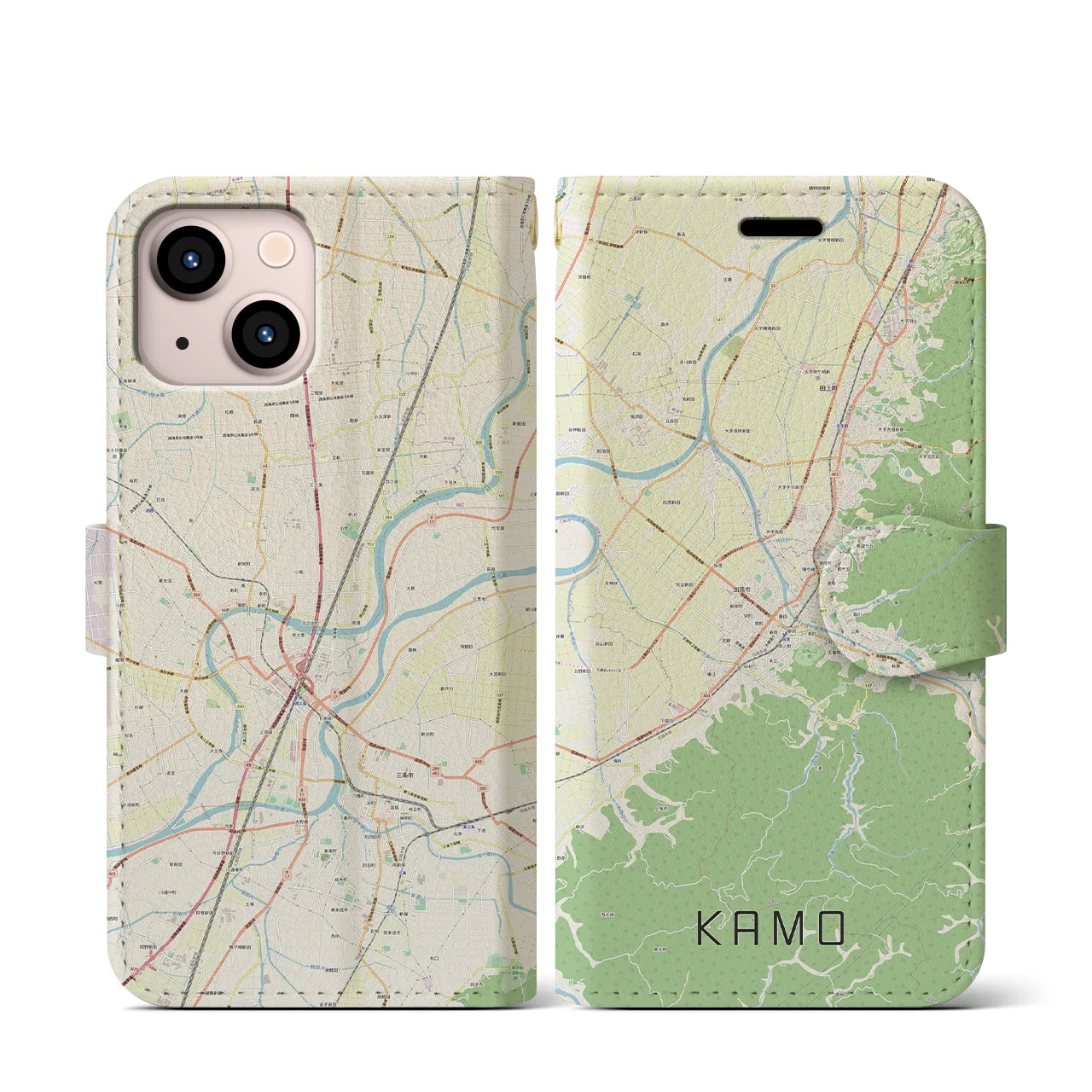 【加茂(新潟県)】地図柄iPhoneケース(手帳タイプ)ナチュラル・iPhone 13 mini 用