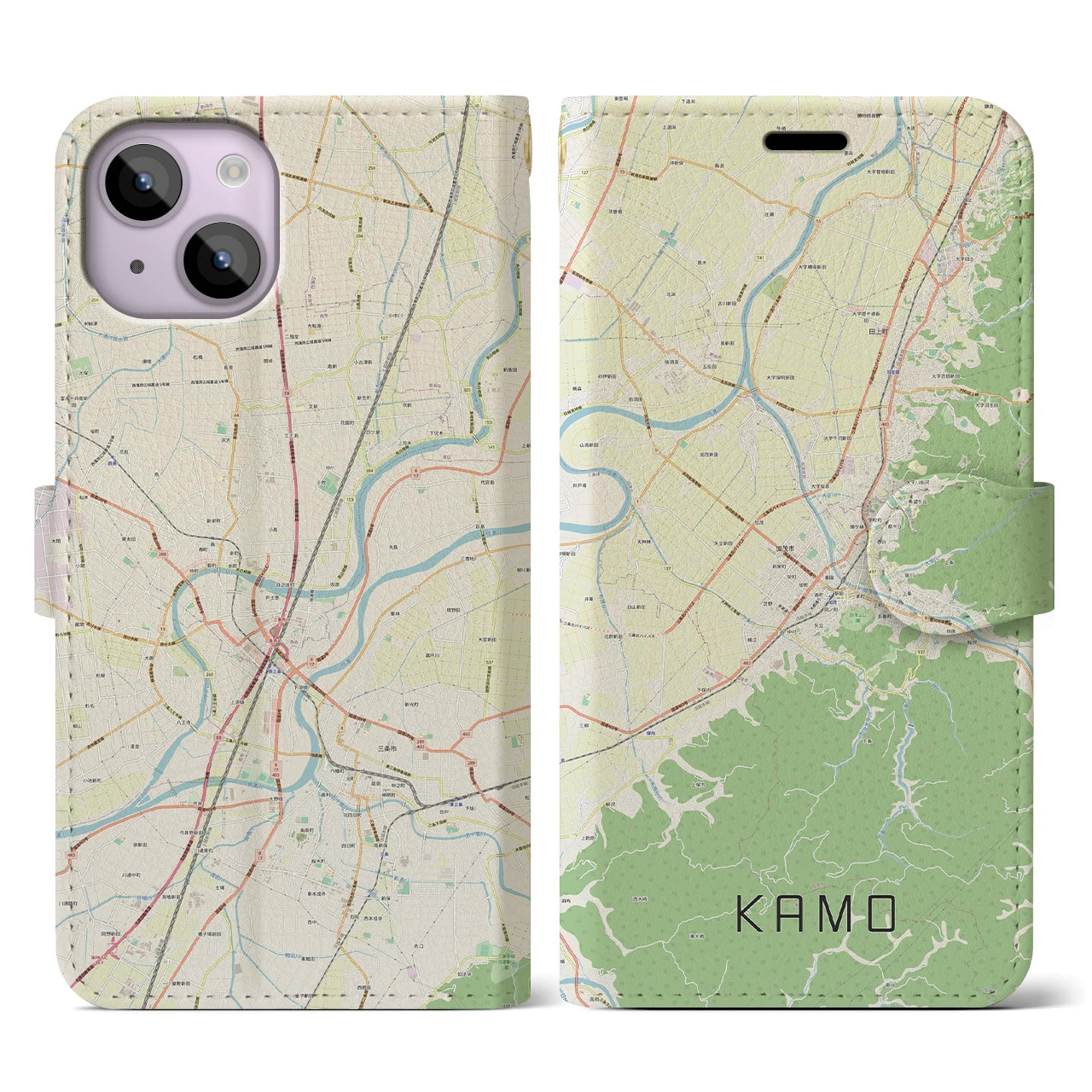 【加茂(新潟県)】地図柄iPhoneケース(手帳タイプ)ナチュラル・iPhone 14 用