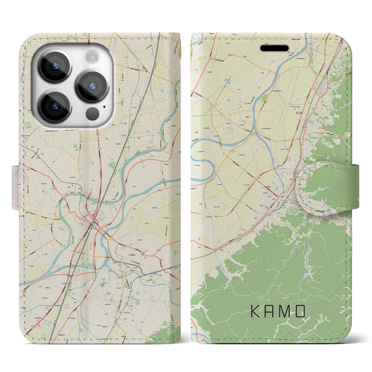 【加茂(新潟県)】地図柄iPhoneケース(手帳タイプ)ナチュラル・iPhone 14 Pro 用