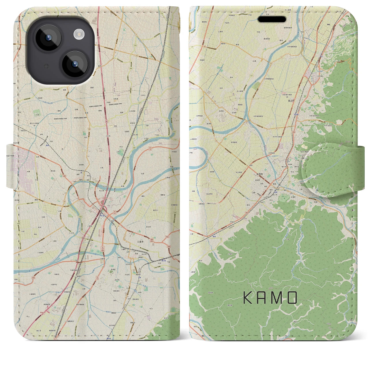 【加茂(新潟県)】地図柄iPhoneケース(手帳タイプ)ナチュラル・iPhone 14 Plus 用