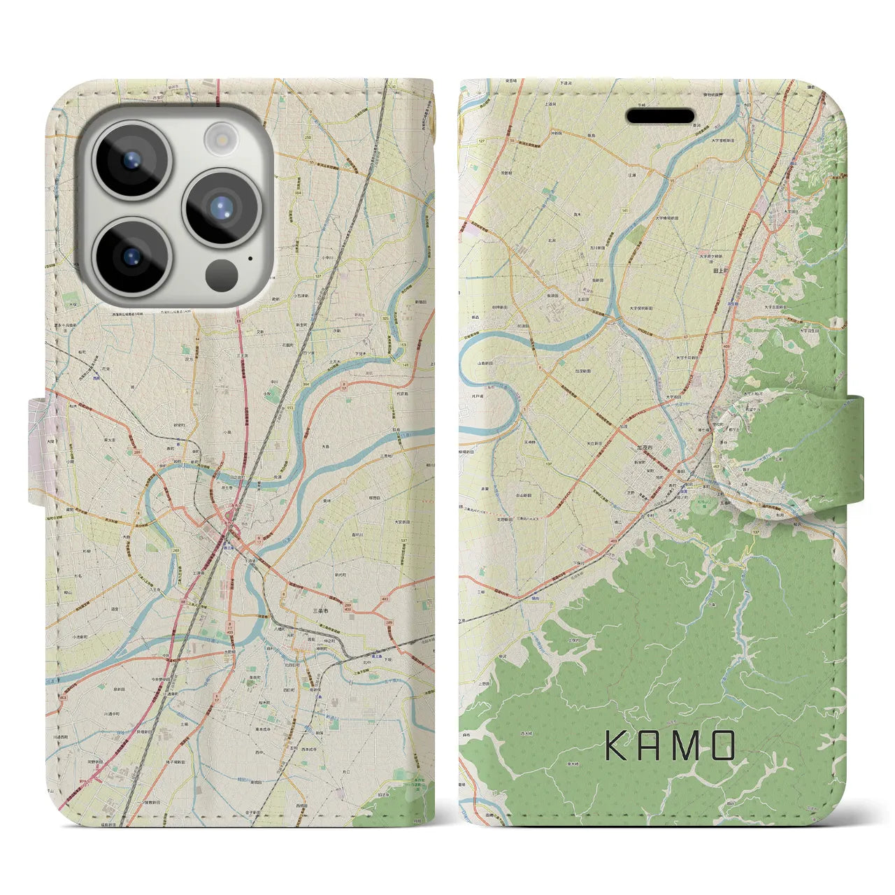 【加茂(新潟県)】地図柄iPhoneケース(手帳タイプ)ナチュラル・iPhone 15 Pro 用