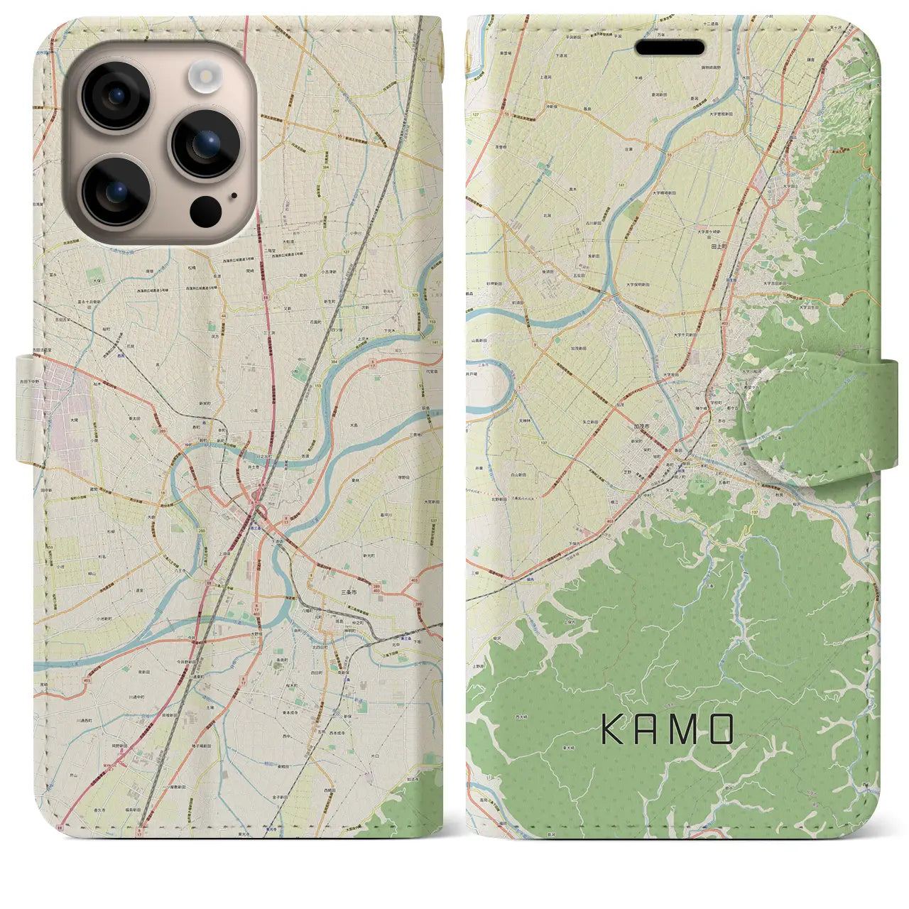 【加茂(新潟県)】地図柄iPhoneケース(手帳タイプ)ナチュラル・iPhone 16 Plus 用