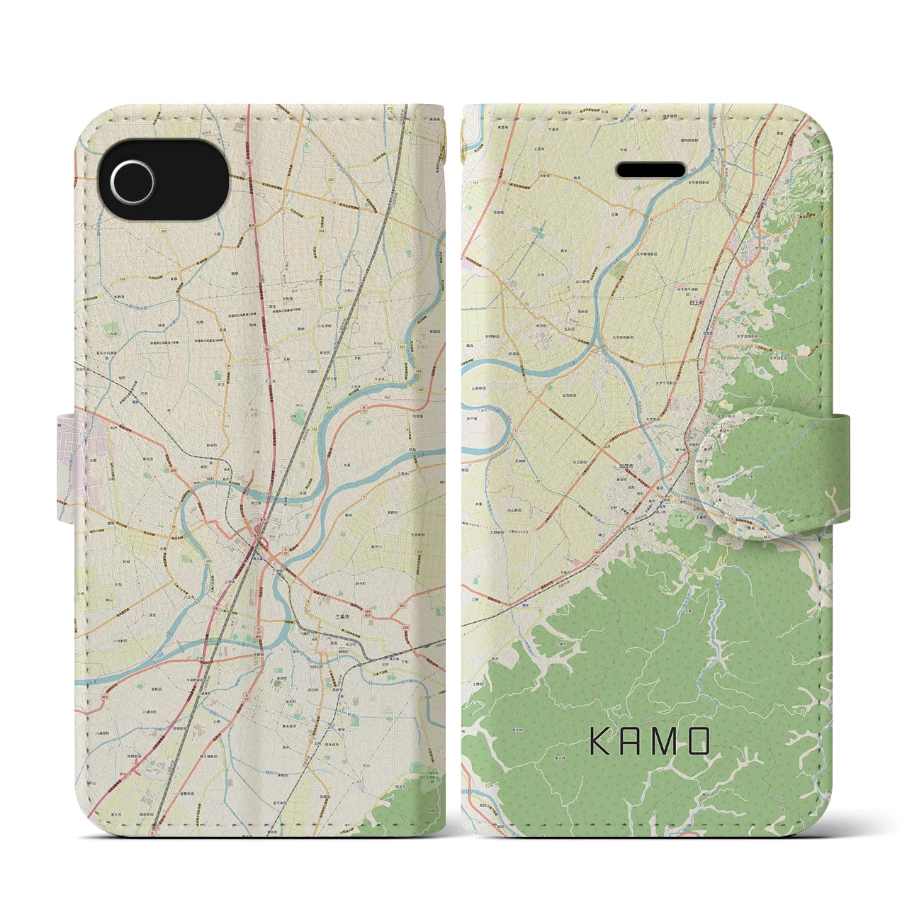 【加茂(新潟県)】地図柄iPhoneケース(手帳タイプ)ナチュラル・iPhone SE(第3 / 第2世代) / 8 / 7 / 6s / 6 用