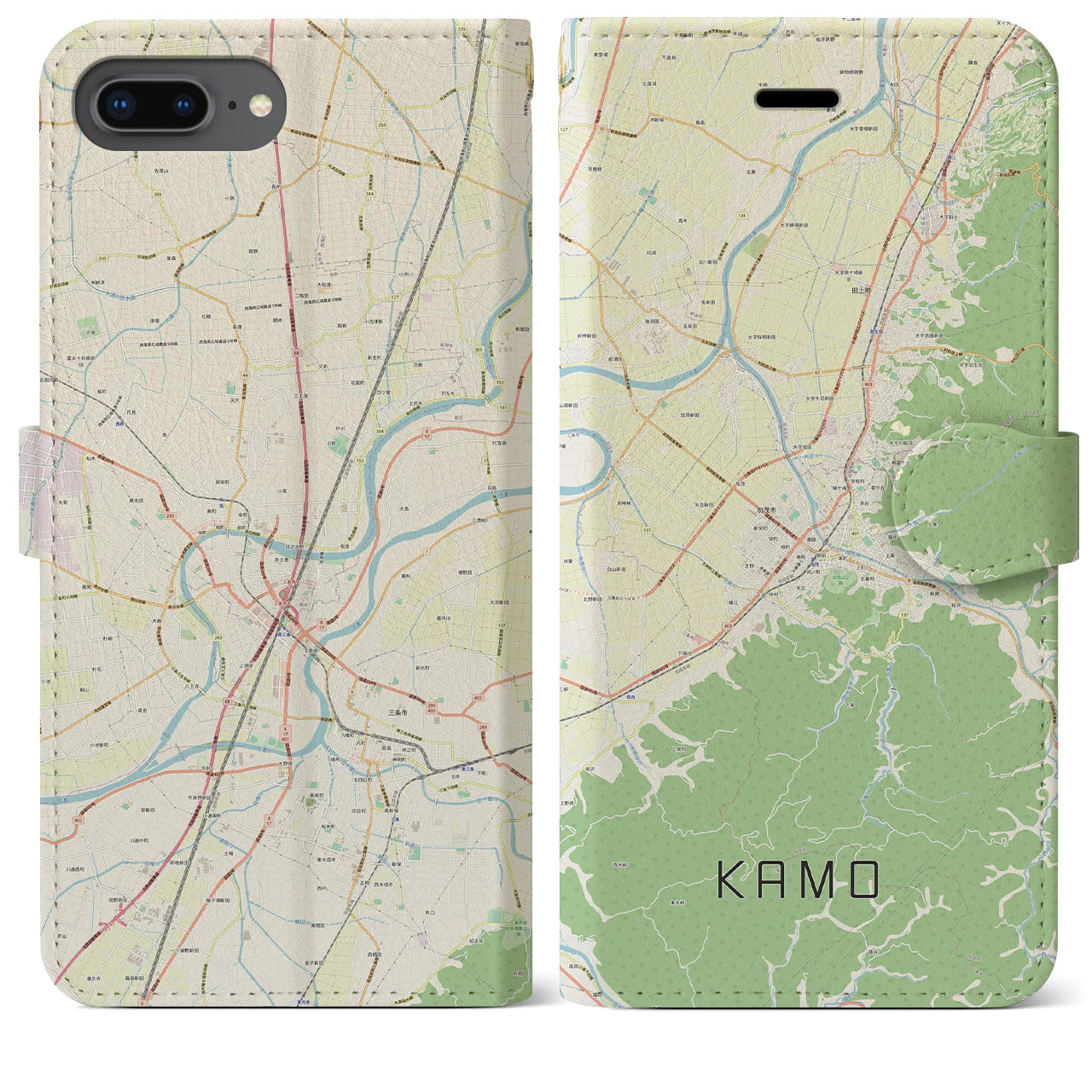 【加茂(新潟県)】地図柄iPhoneケース(手帳タイプ)ナチュラル・iPhone 8Plus /7Plus / 6sPlus / 6Plus 用
