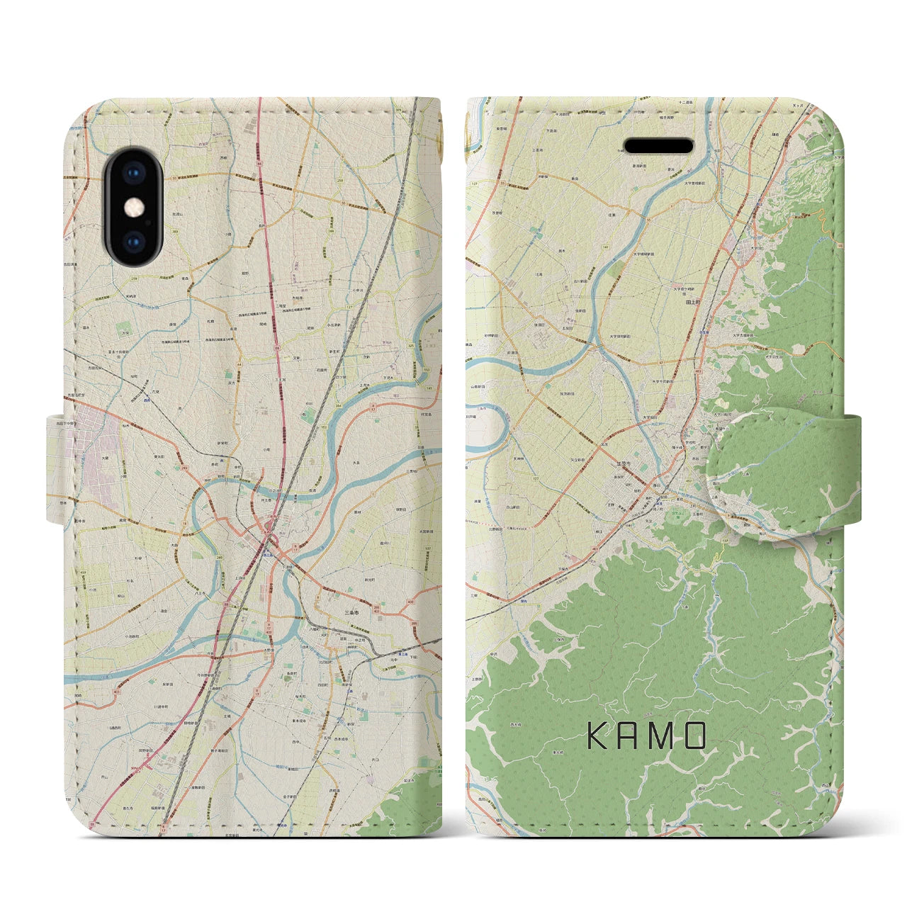 【加茂(新潟県)】地図柄iPhoneケース(手帳タイプ)ナチュラル・iPhone XS / X 用