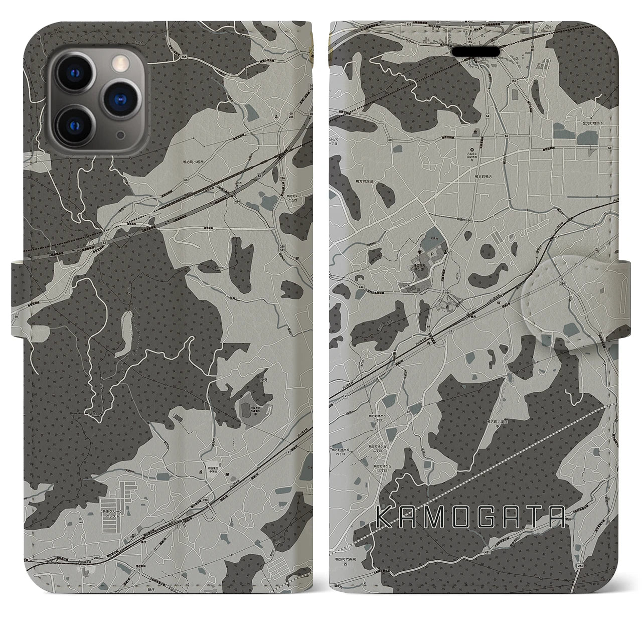 【鴨方(岡山県)】地図柄iPhoneケース(手帳タイプ)モノトーン・iPhone 11 Pro Max 用