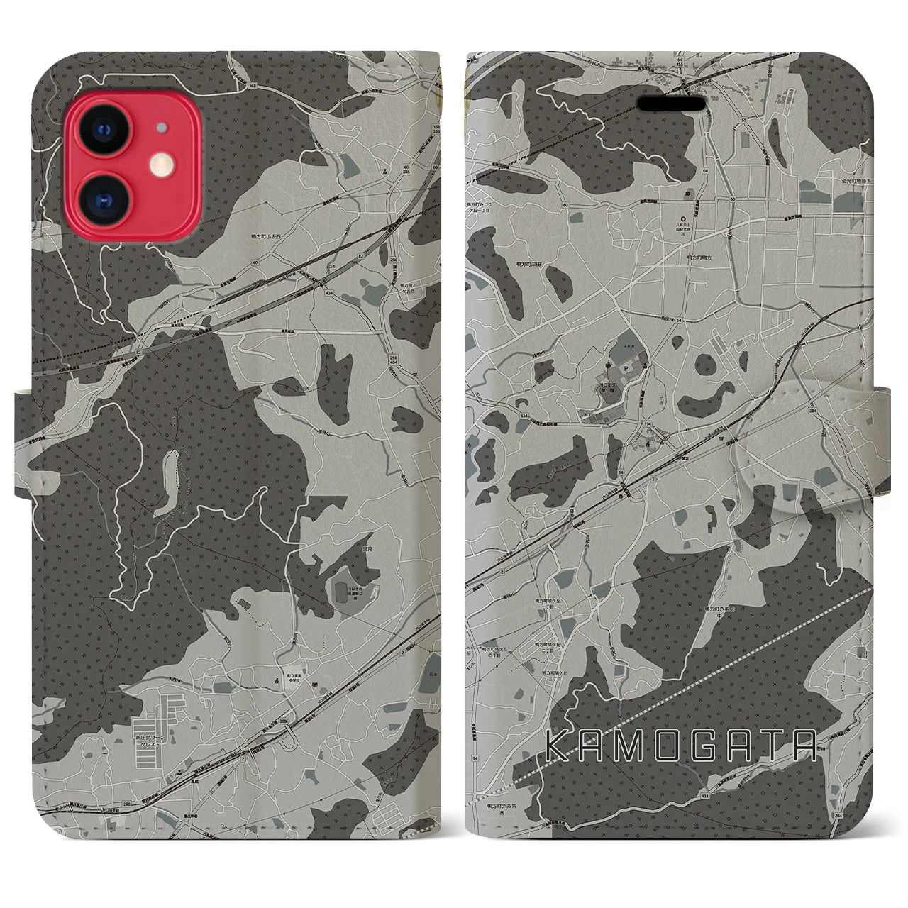 【鴨方(岡山県)】地図柄iPhoneケース(手帳タイプ)モノトーン・iPhone 11 用