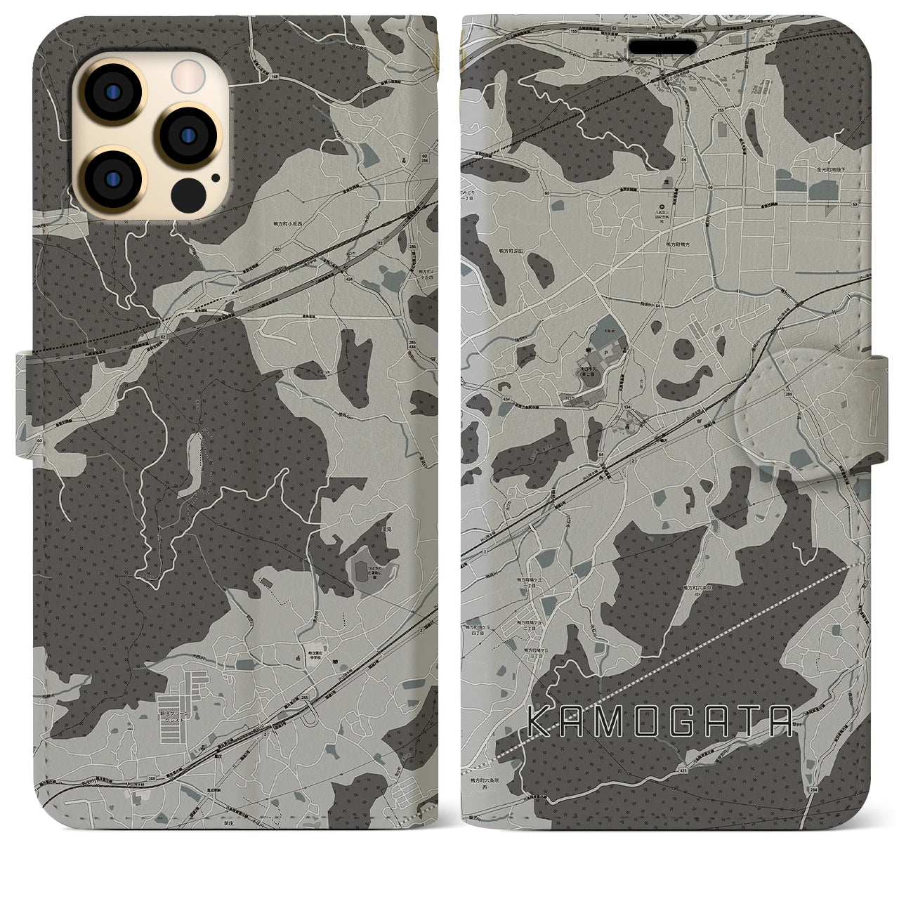 【鴨方(岡山県)】地図柄iPhoneケース(手帳タイプ)モノトーン・iPhone 12 Pro Max 用