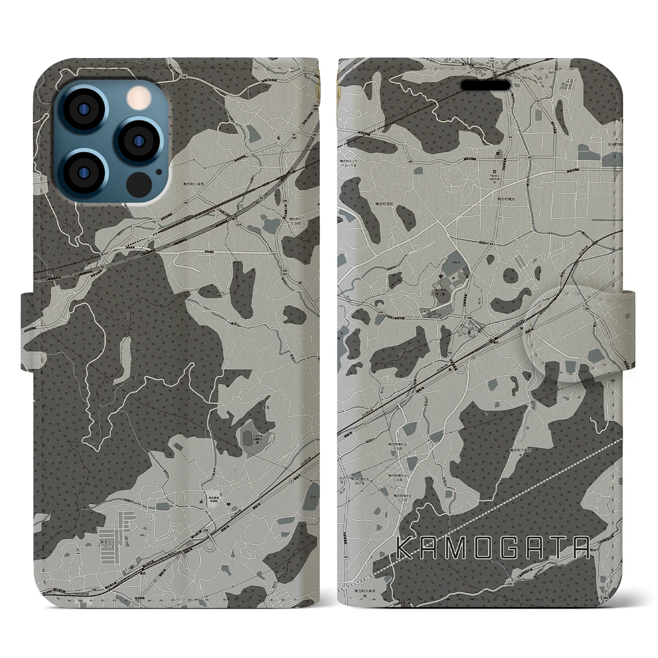 【鴨方(岡山県)】地図柄iPhoneケース(手帳タイプ)モノトーン・iPhone 12 / 12 Pro 用