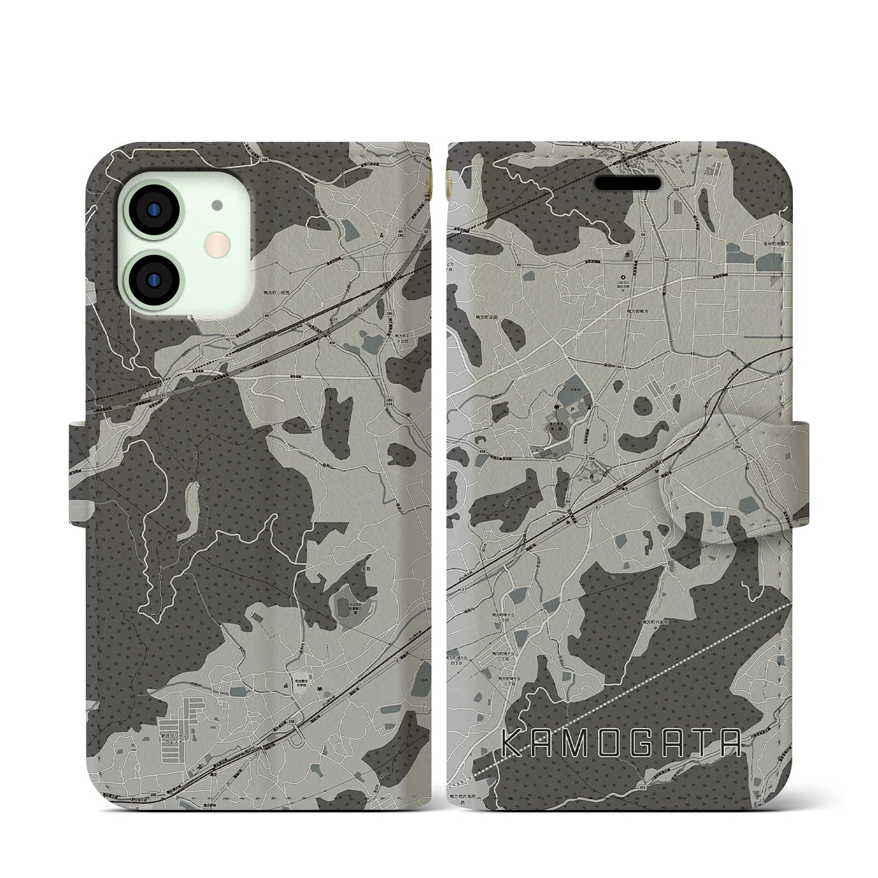 【鴨方(岡山県)】地図柄iPhoneケース(手帳タイプ)モノトーン・iPhone 12 mini 用