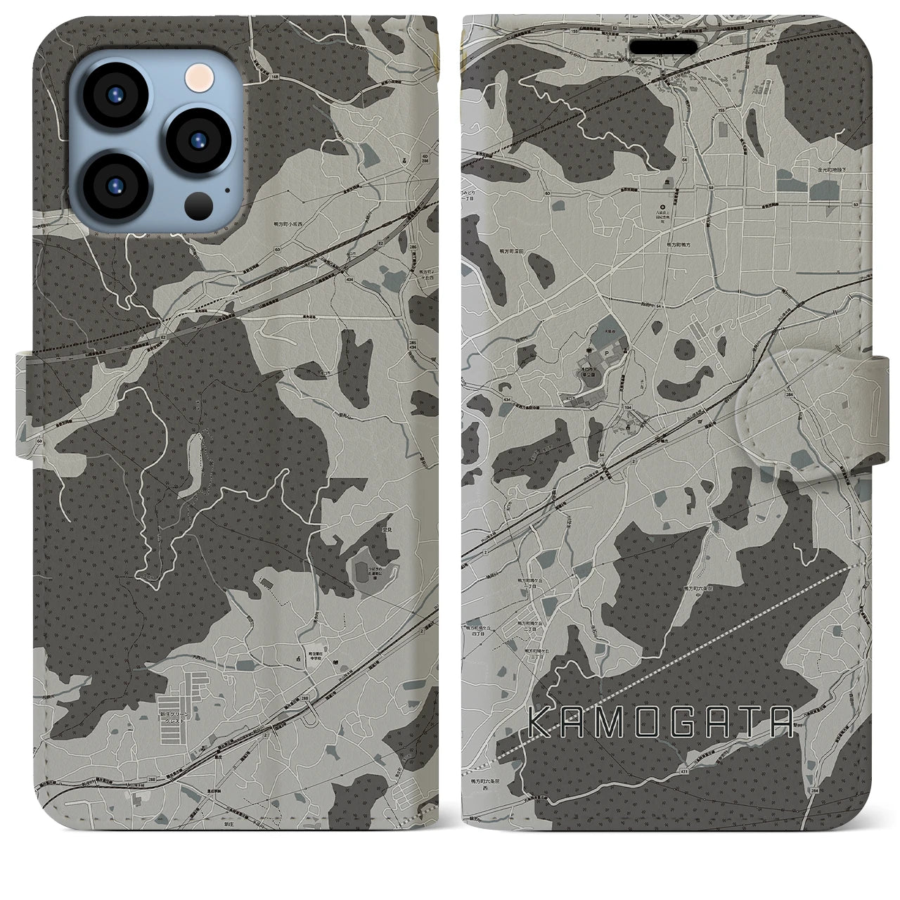 【鴨方(岡山県)】地図柄iPhoneケース(手帳タイプ)モノトーン・iPhone 13 Pro Max 用