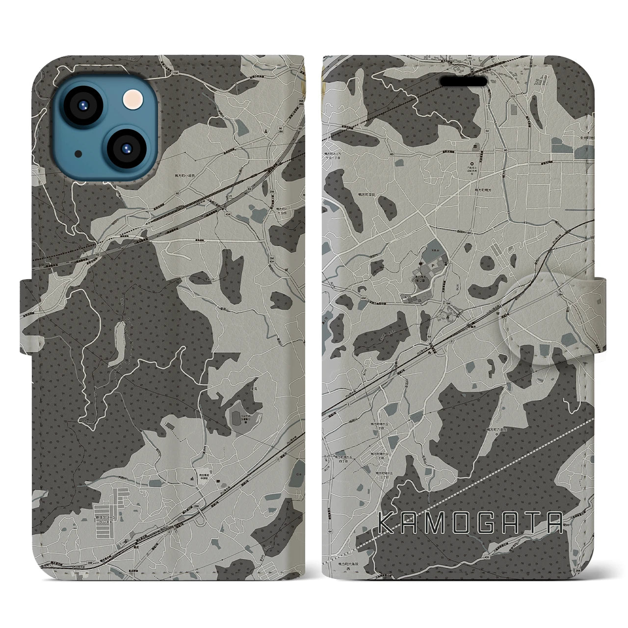 【鴨方(岡山県)】地図柄iPhoneケース(手帳タイプ)モノトーン・iPhone 13 用
