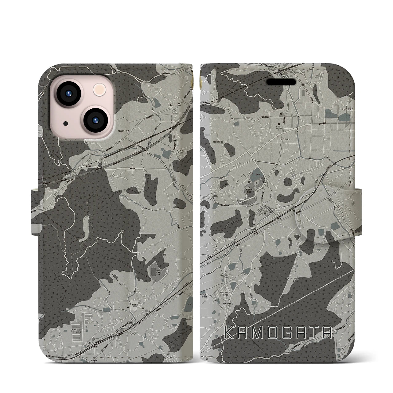 【鴨方(岡山県)】地図柄iPhoneケース(手帳タイプ)モノトーン・iPhone 13 mini 用